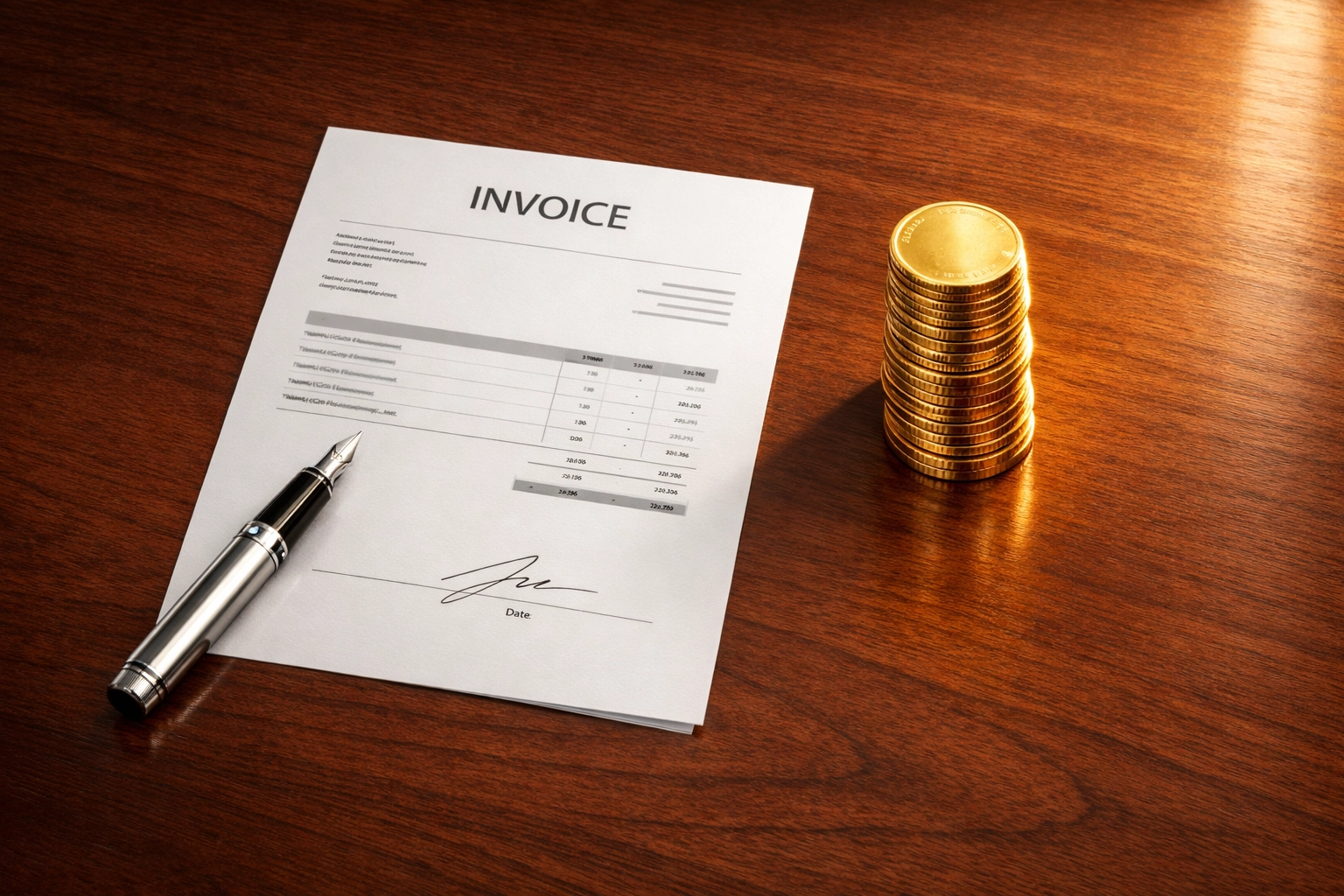 Professional desk with document and gold coins representing invoice financing for immediate working capital.