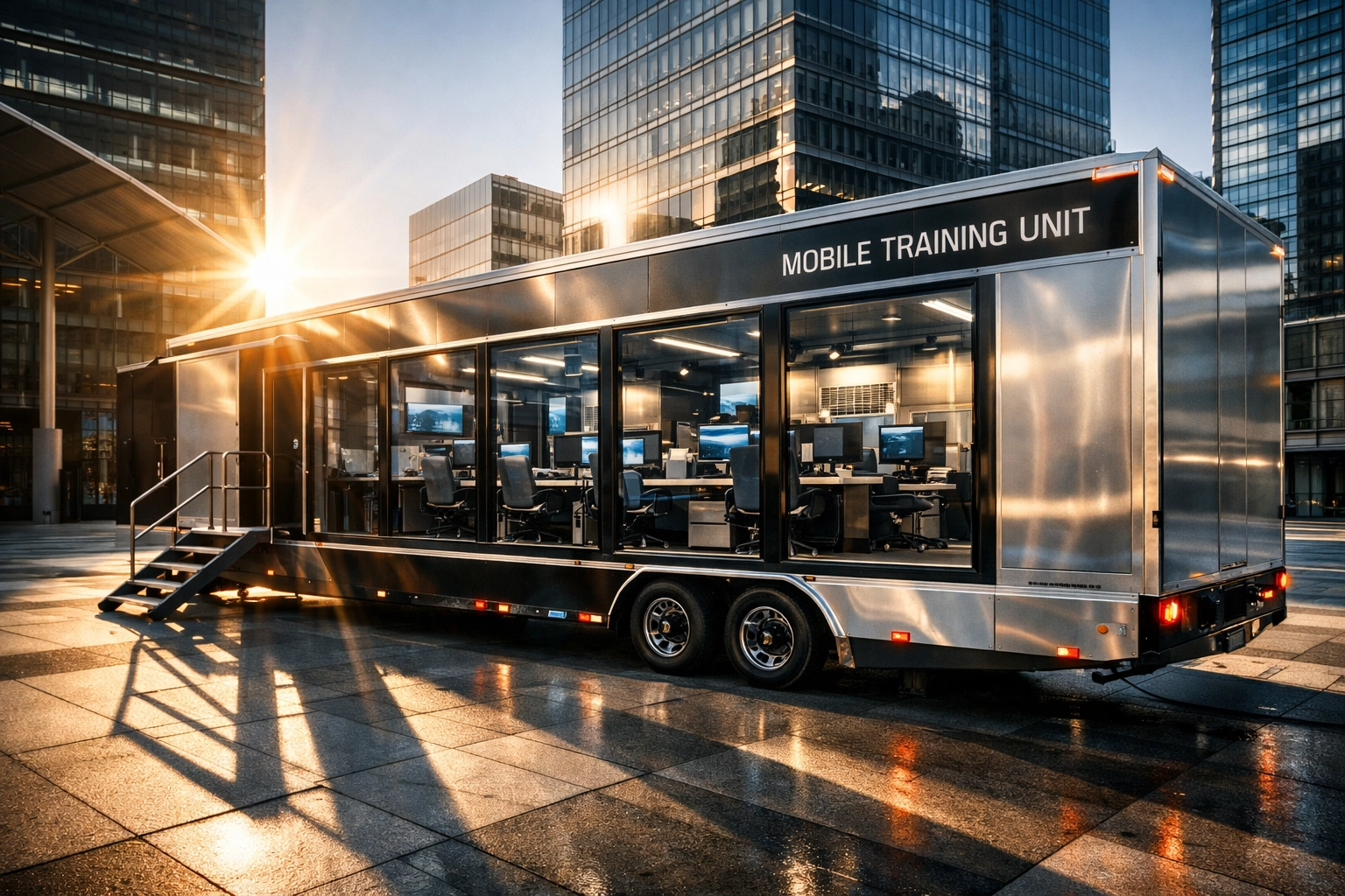 Modular mobile training unit featuring high-tech workstations for local workforce development rollout.
