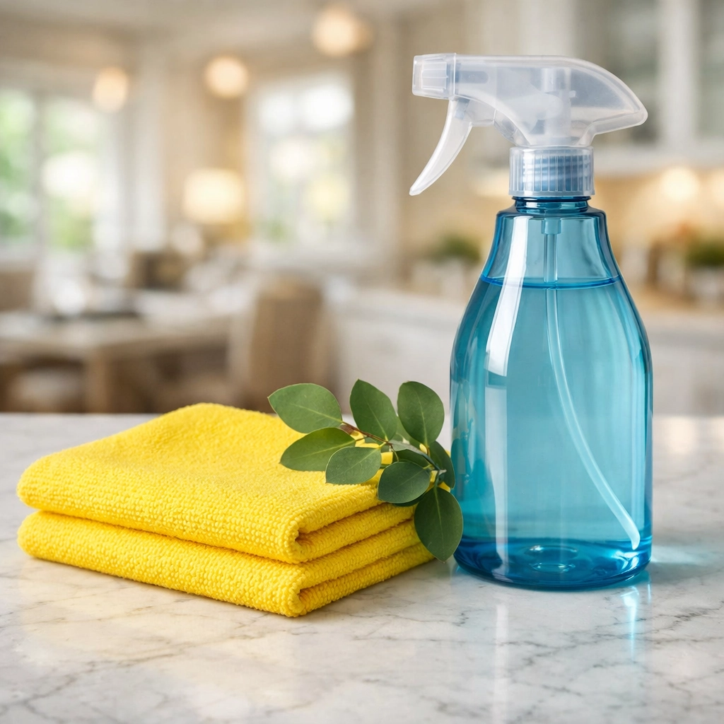 Eco-friendly Marblehead house cleaning kit with non-toxic supplies on a luxury white stone countertop.