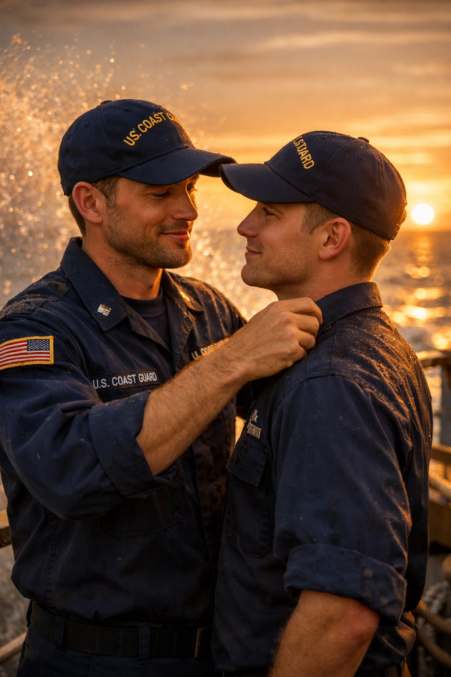Two men in Coast Guard uniforms share intimate moment on ship deck at sunset