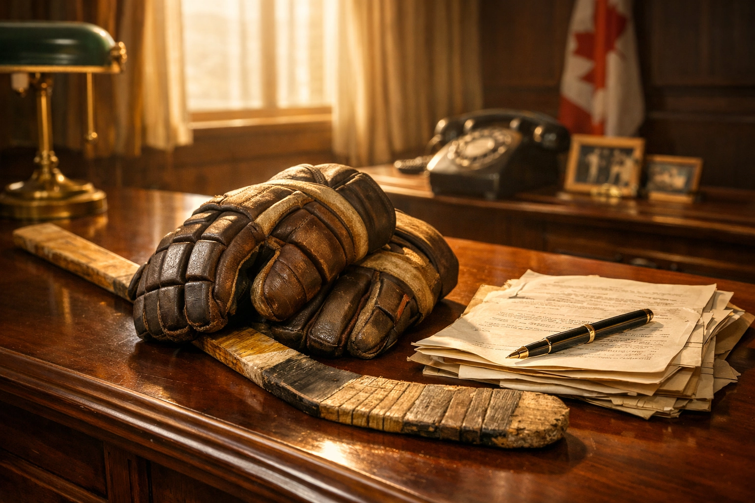 Vintage hockey equipment and documents symbolizing Bobby Hull's revolutionary professional contract.
