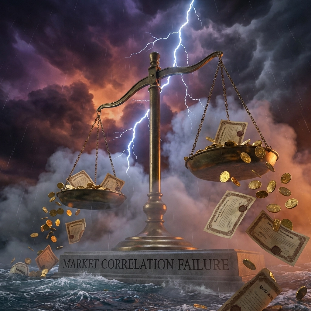 A balanced scale struck by lightning with gold coins and bonds falling, symbolizing stock and bond correlation risk in portfolios.