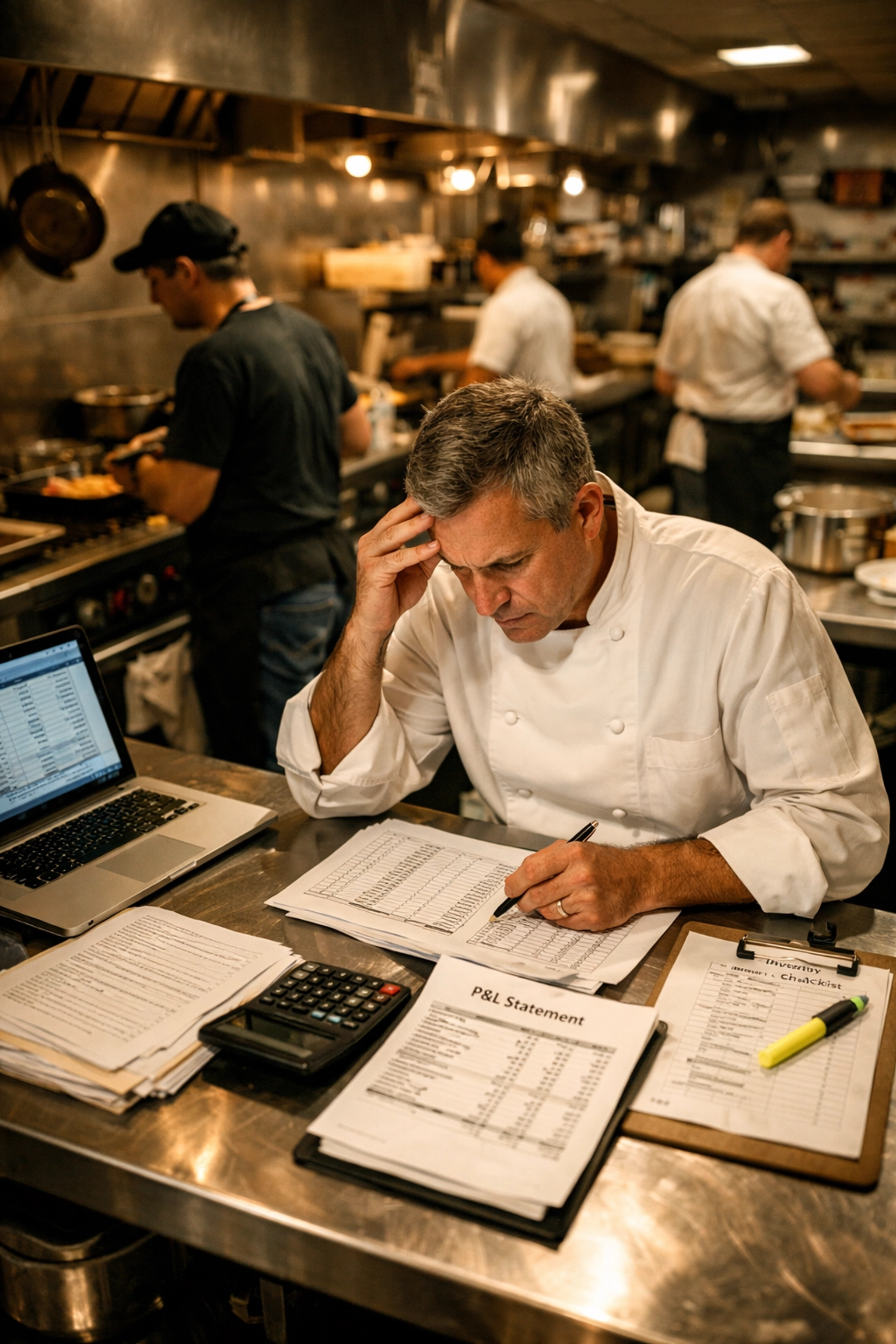 Chef reviewing financial documents and inventory in commercial kitchen during service