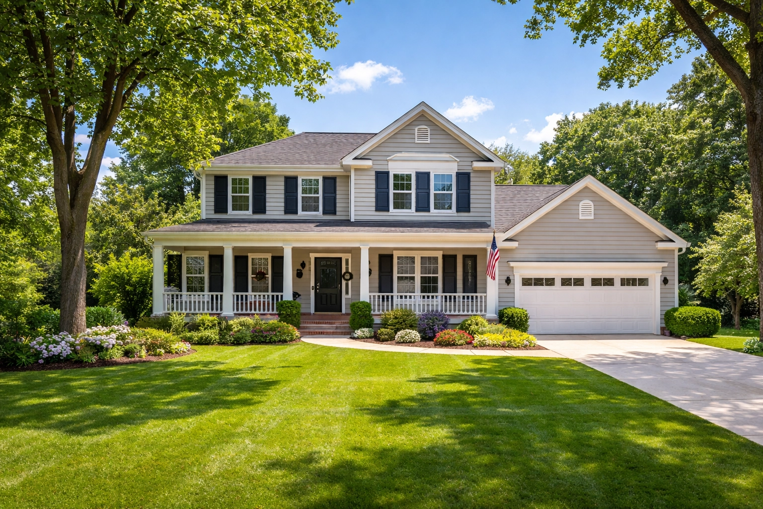 Executive-style single-family home in Mount Laurel NJ with mature trees and a manicured lawn, ideal for families seeking space.