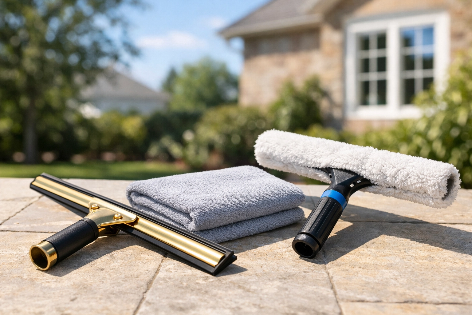 High-end professional window cleaning tools including a brass squeegee and microfiber cloth.