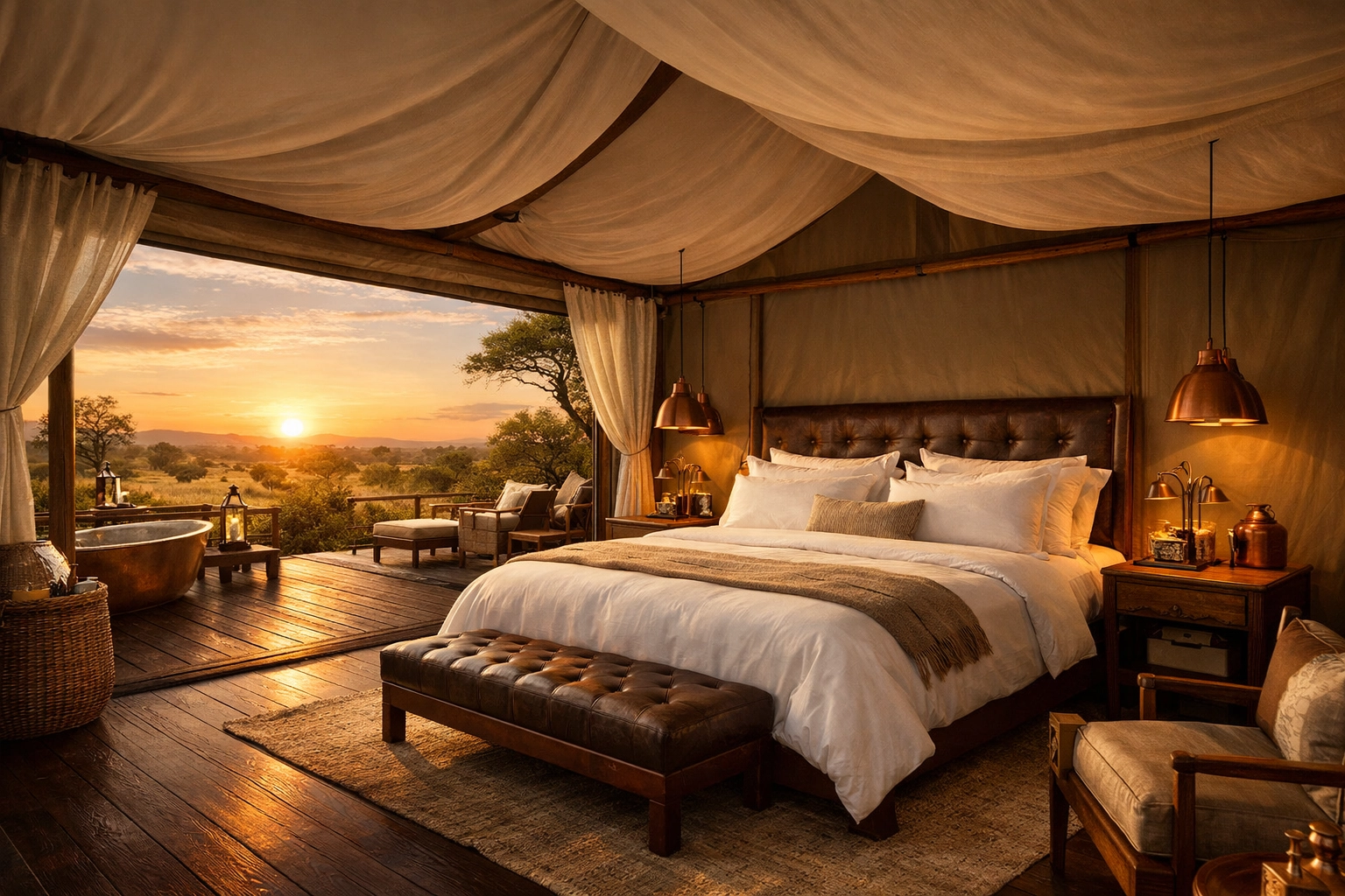 Interior of a luxury tented camp suite featuring a king bed and private deck overlooking the African bush.