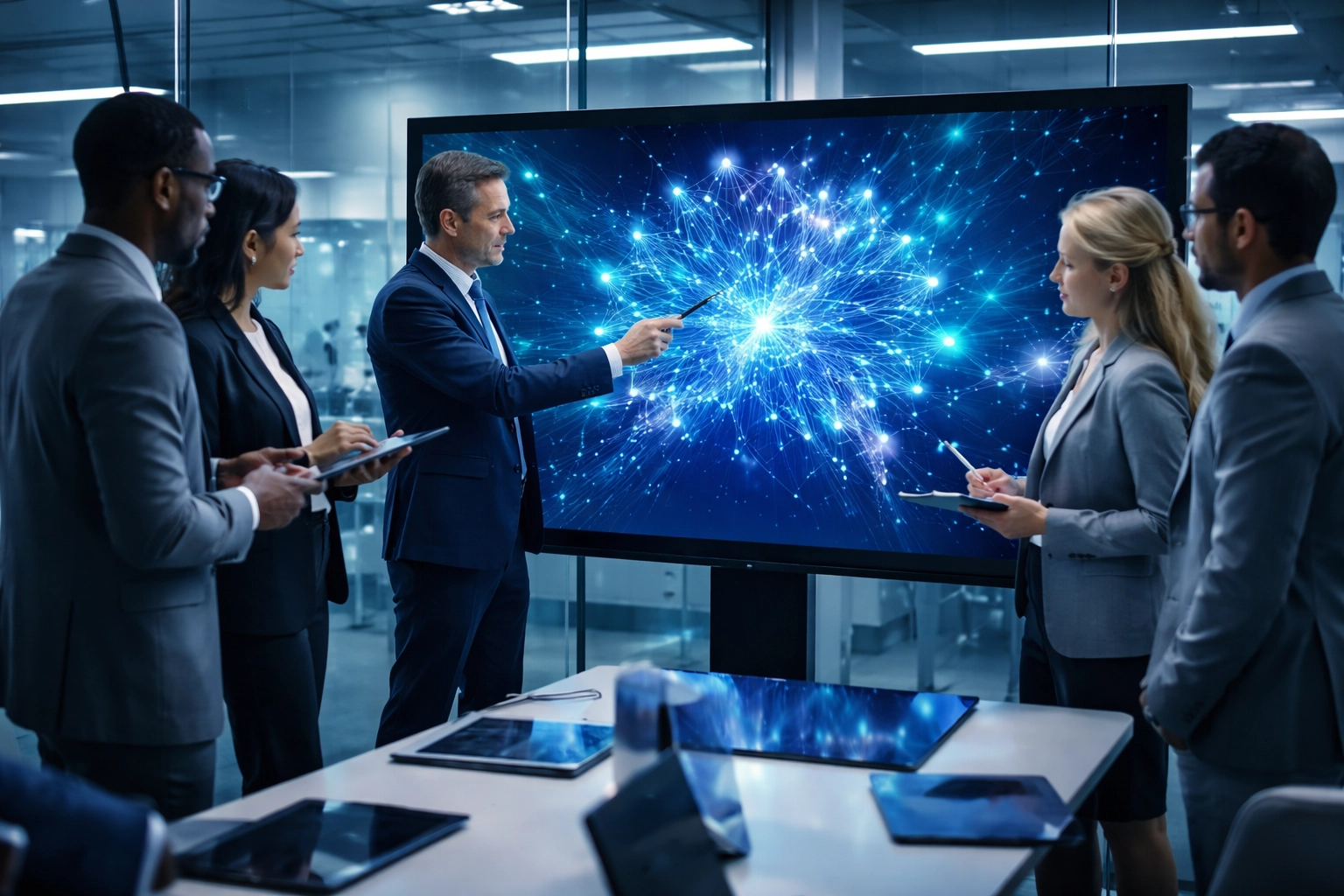 Business professionals collaborating around an interactive AI display, emphasizing the importance of AI education and training.