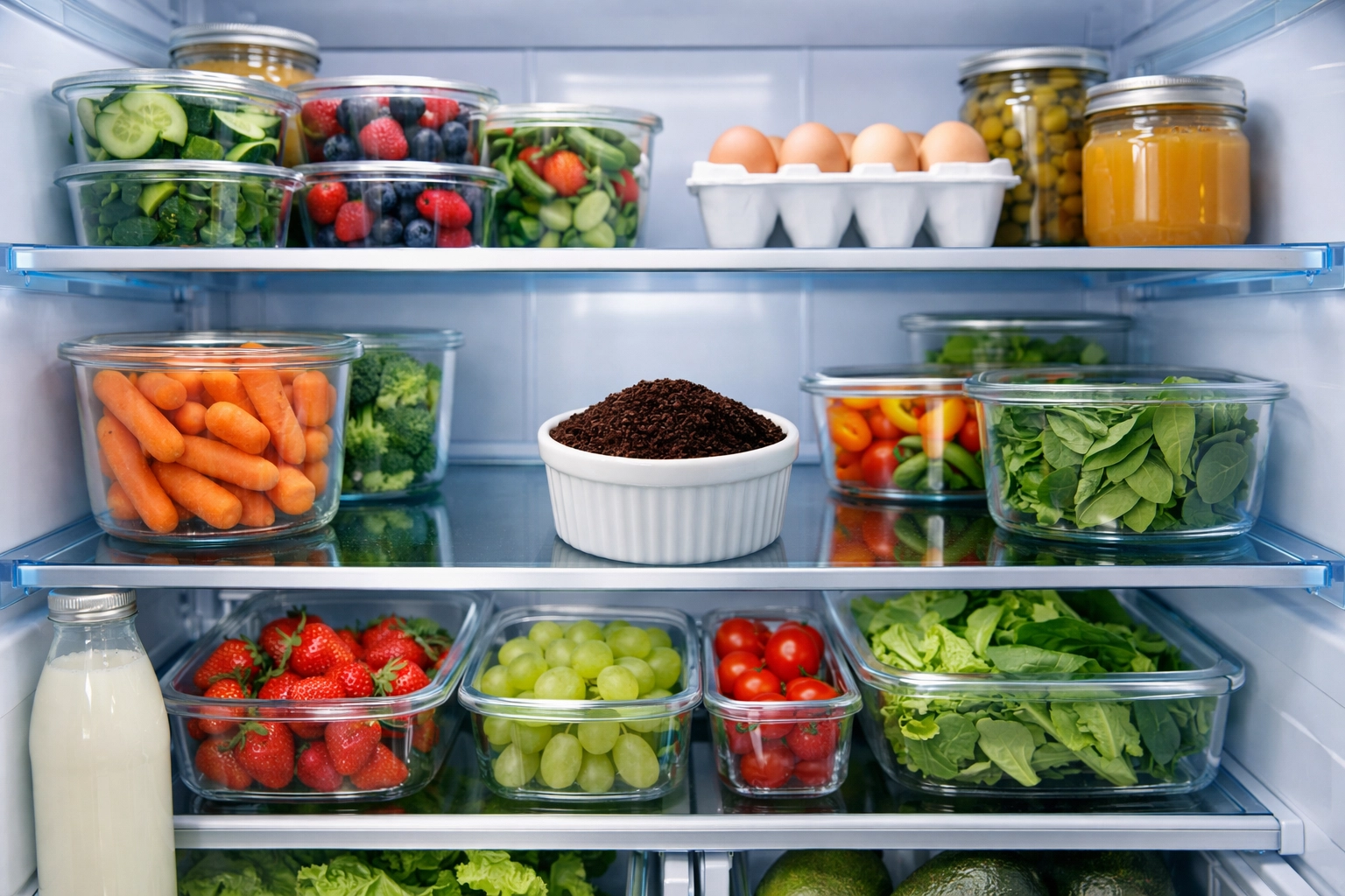 A clean, organized refrigerator interior showing coffee grounds absorbing food odors.