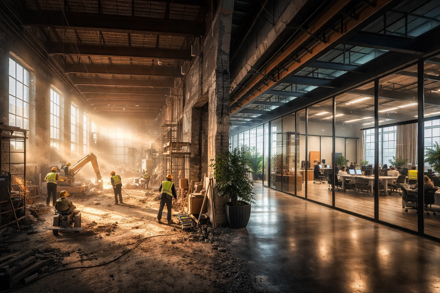 Industrial warehouse transformation scene showcasing value creation and sector transitions in private equity investments