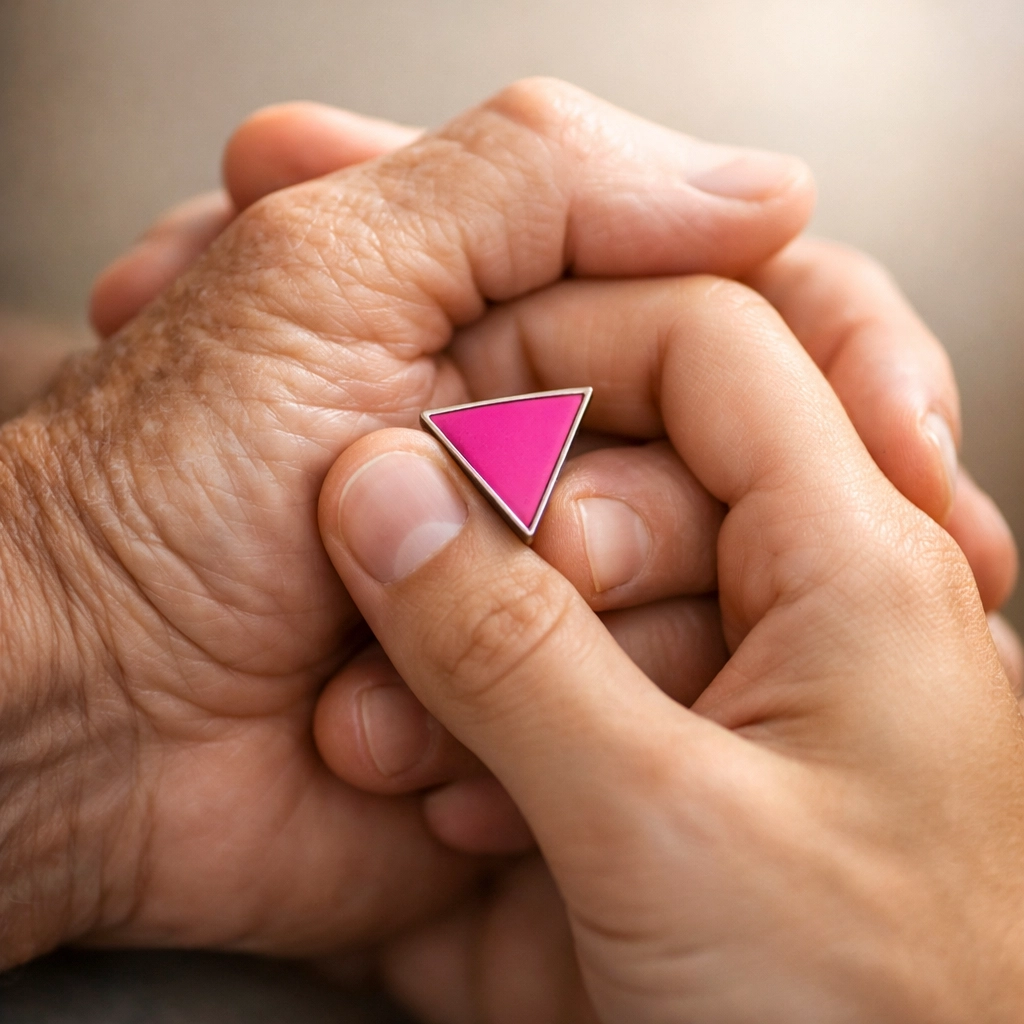 Hands holding pink triangle memorial pin symbolizing LGBTQ+ Holocaust remembrance