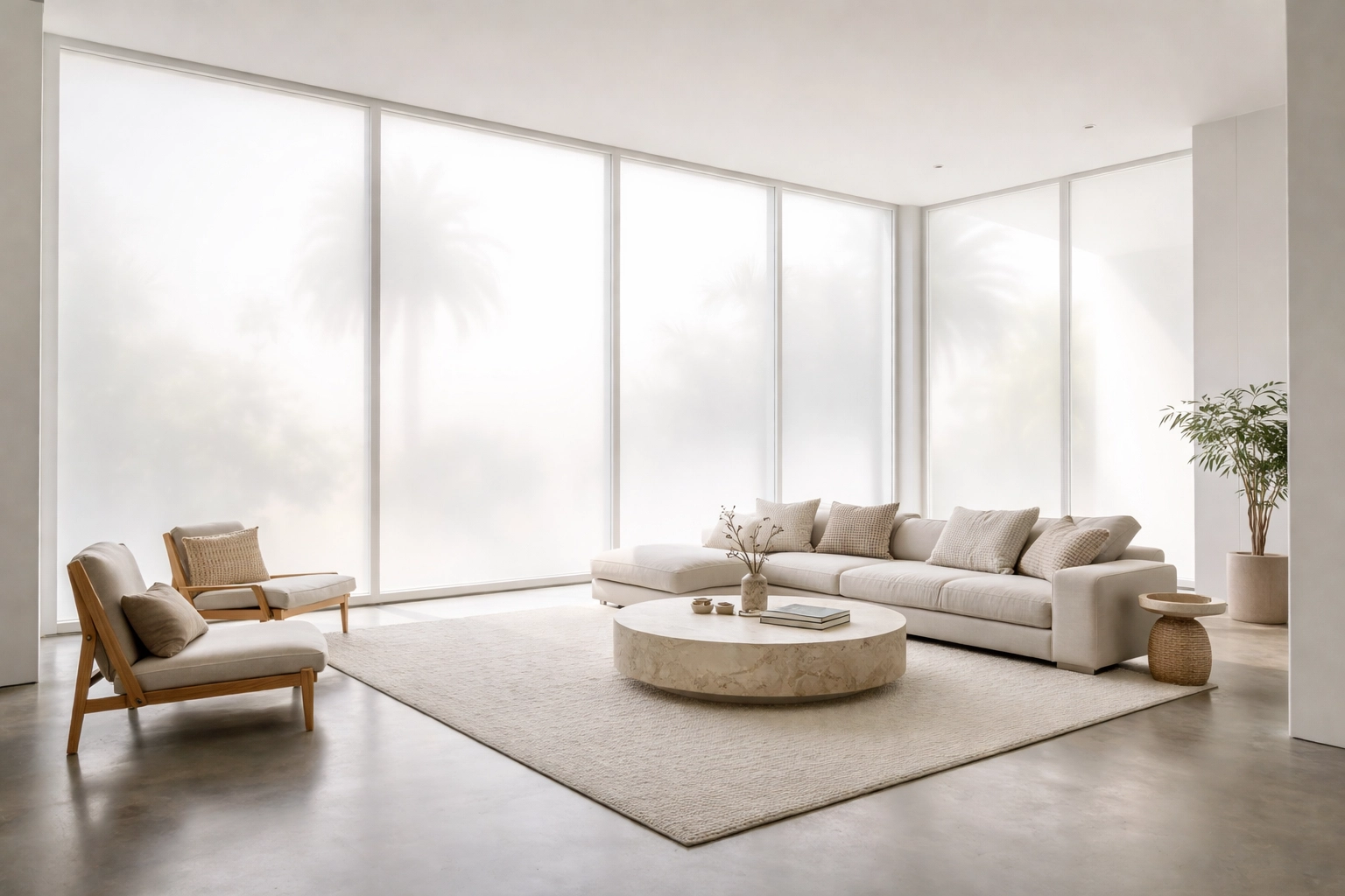 Modern Los Angeles home with frosted smart film glass windows, sunlit interior and palm silhouettes