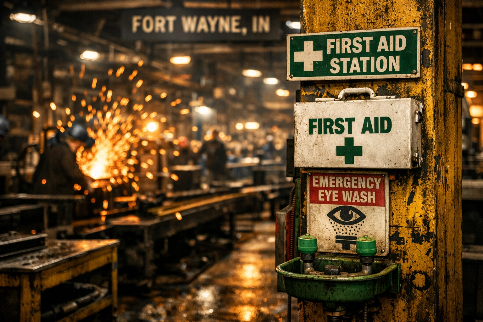 Industrial first aid station on a busy Fort Wayne manufacturing floor with welding sparks.