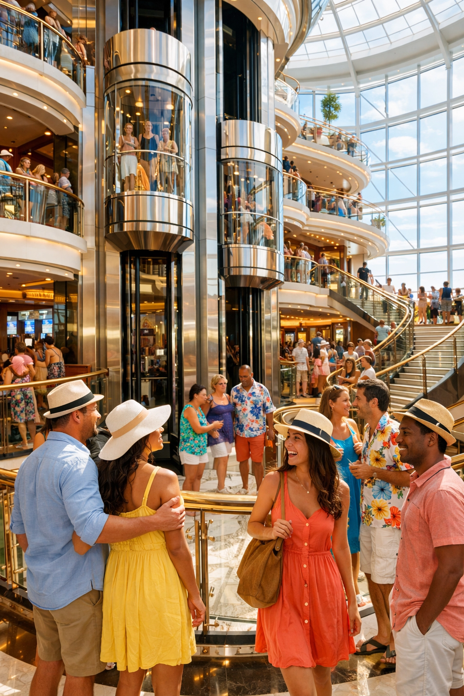 Crowded cruise ship atrium with passengers waiting for glass elevators in a bright, modern setting.