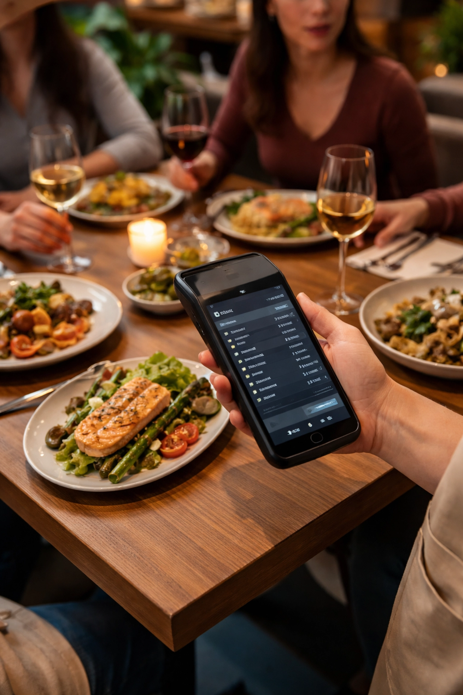 Server taking orders with a handheld restaurant POS system at a busy dining table