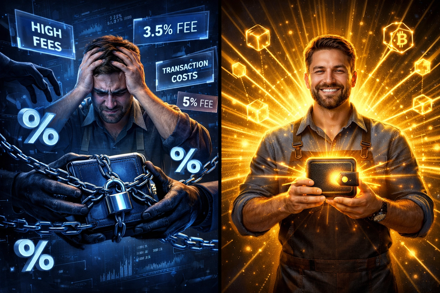 Traditional crypto payment processors with fees vs merchant self-custody freedom with blockchain control