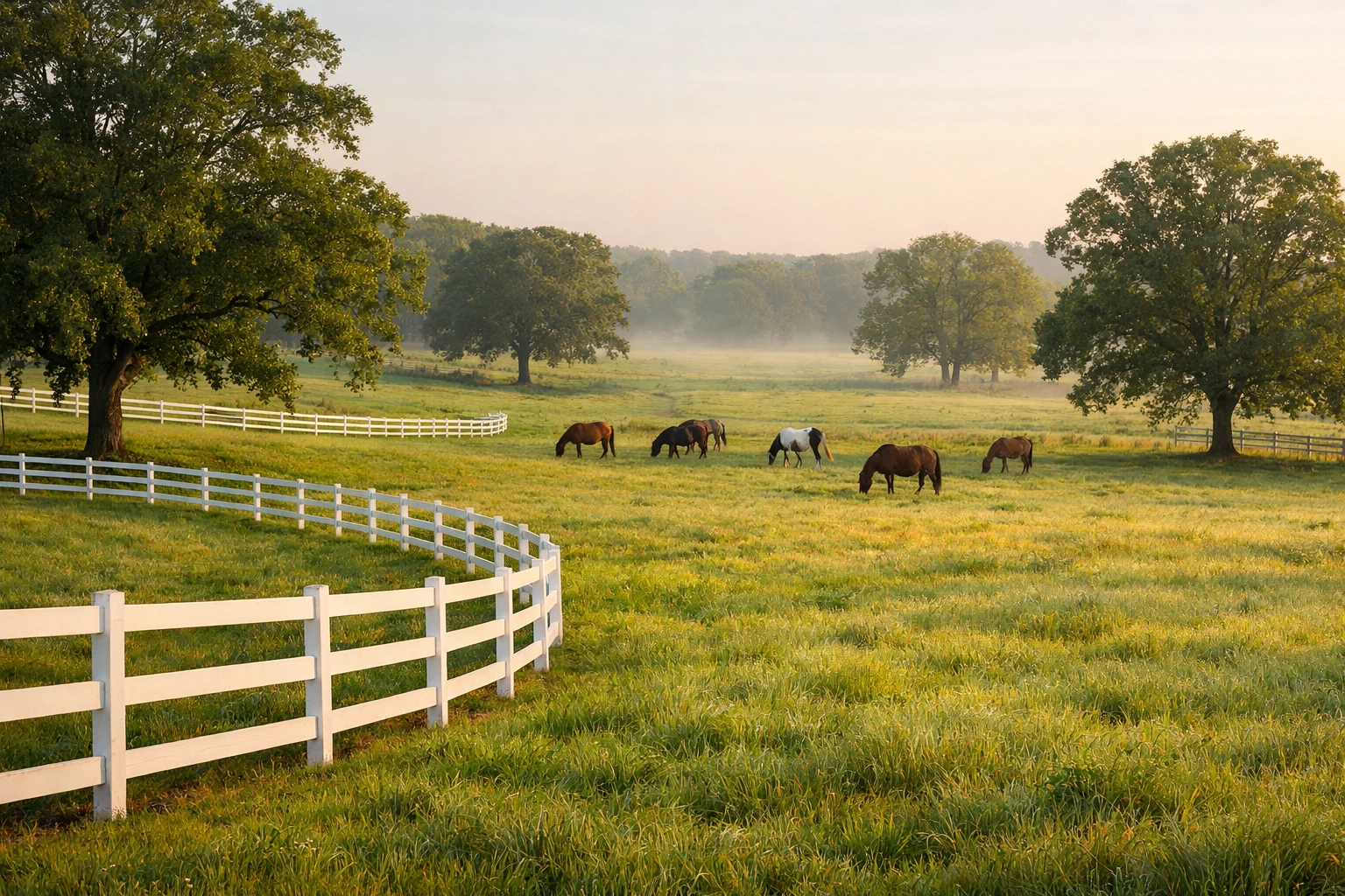 Well-maintained horse pasture with white board fencing and grazing horses in North Carolina