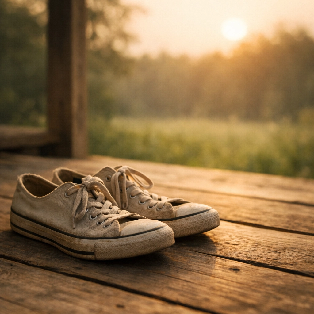 Sneakers on a porch at sunset symbolizing a break from technology for improved mental health and wellness.