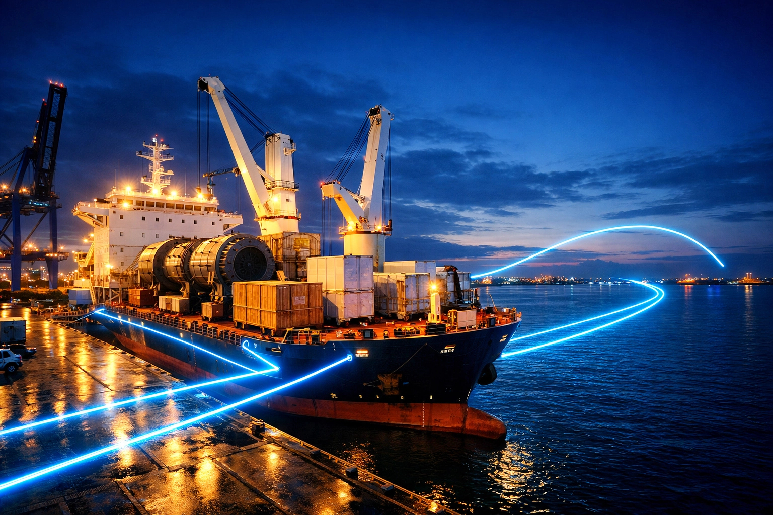 Heavy-lift cargo ship carrying industrial machinery at a port, representing global logistics and live tracking.