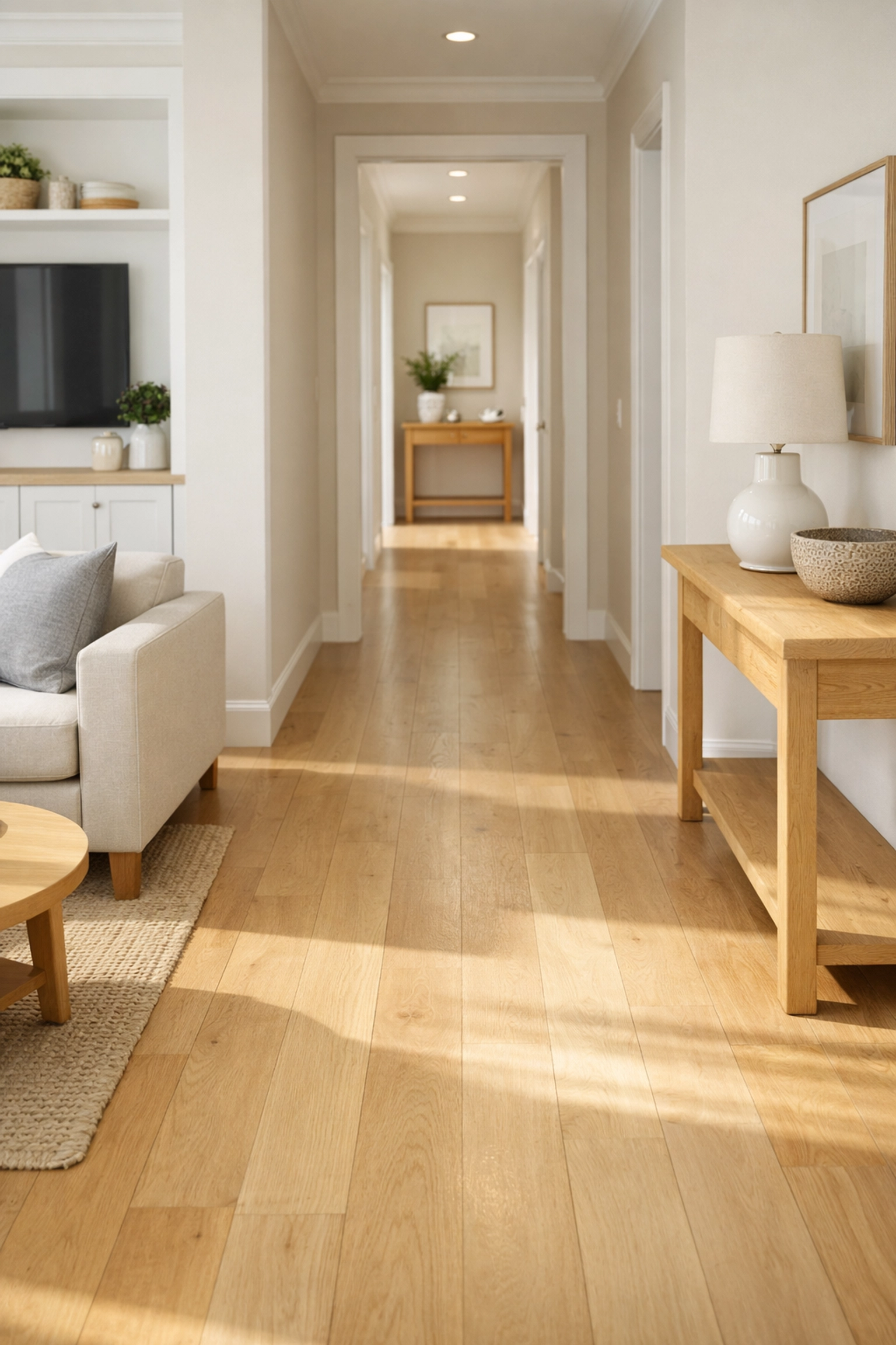 A wide, clutter-free hallway providing a safe walking path for seniors with mobility aids.