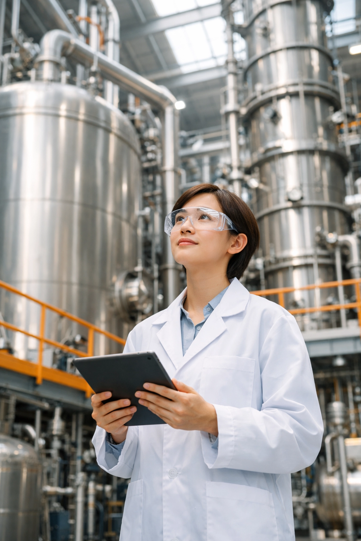 Chemical engineer in industrial plant with large-scale reactor vessels and production equipment