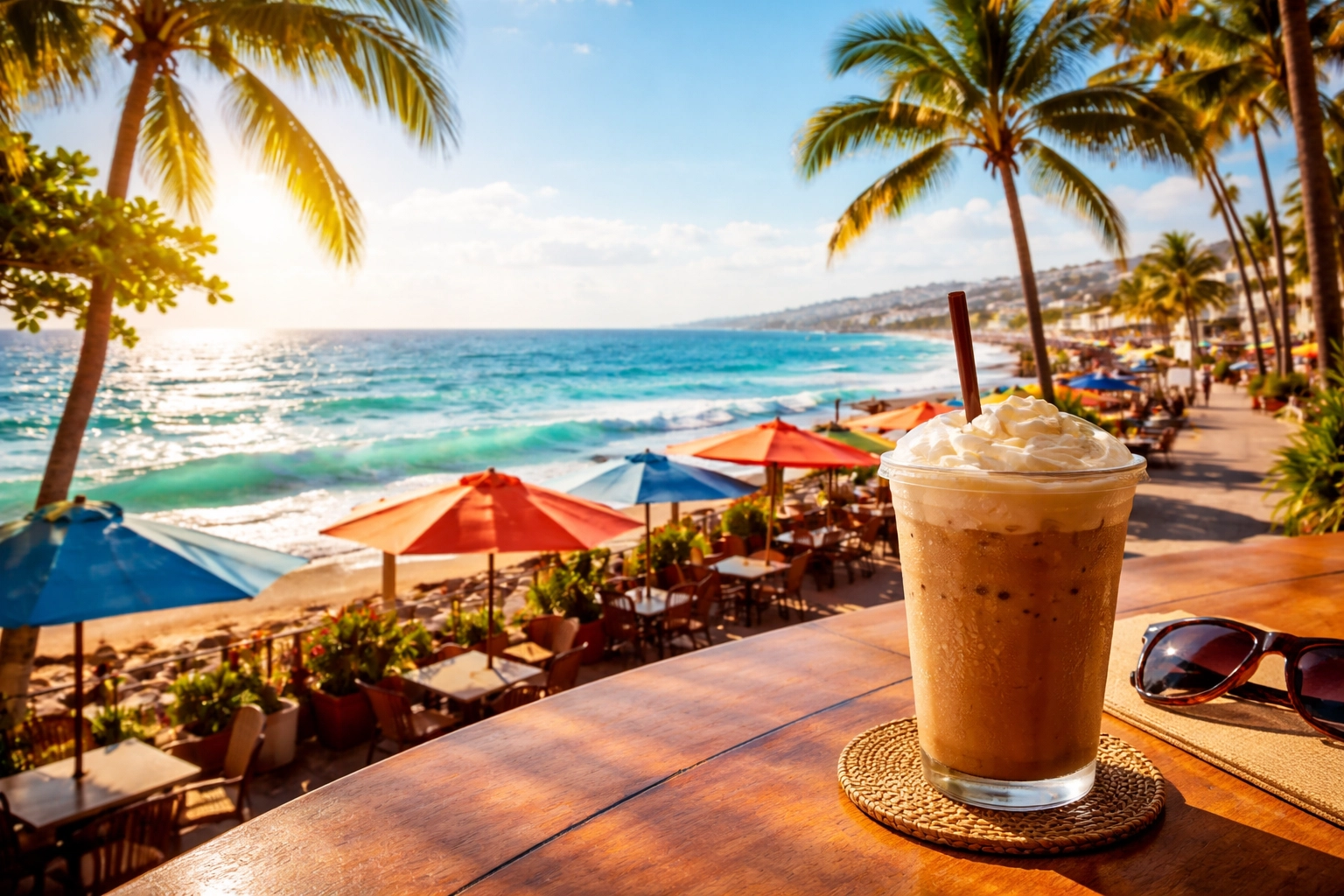 Iced coffee on a table overlooking the Malecón and ocean in Puerto Vallarta, with palm trees and vibrant umbrellas.
