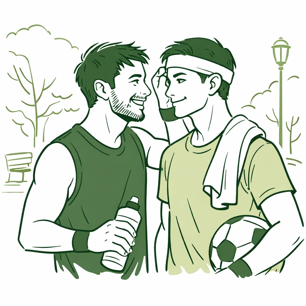 Gay men in sports gear connecting after a game, showing community through queer athletic hobbies.