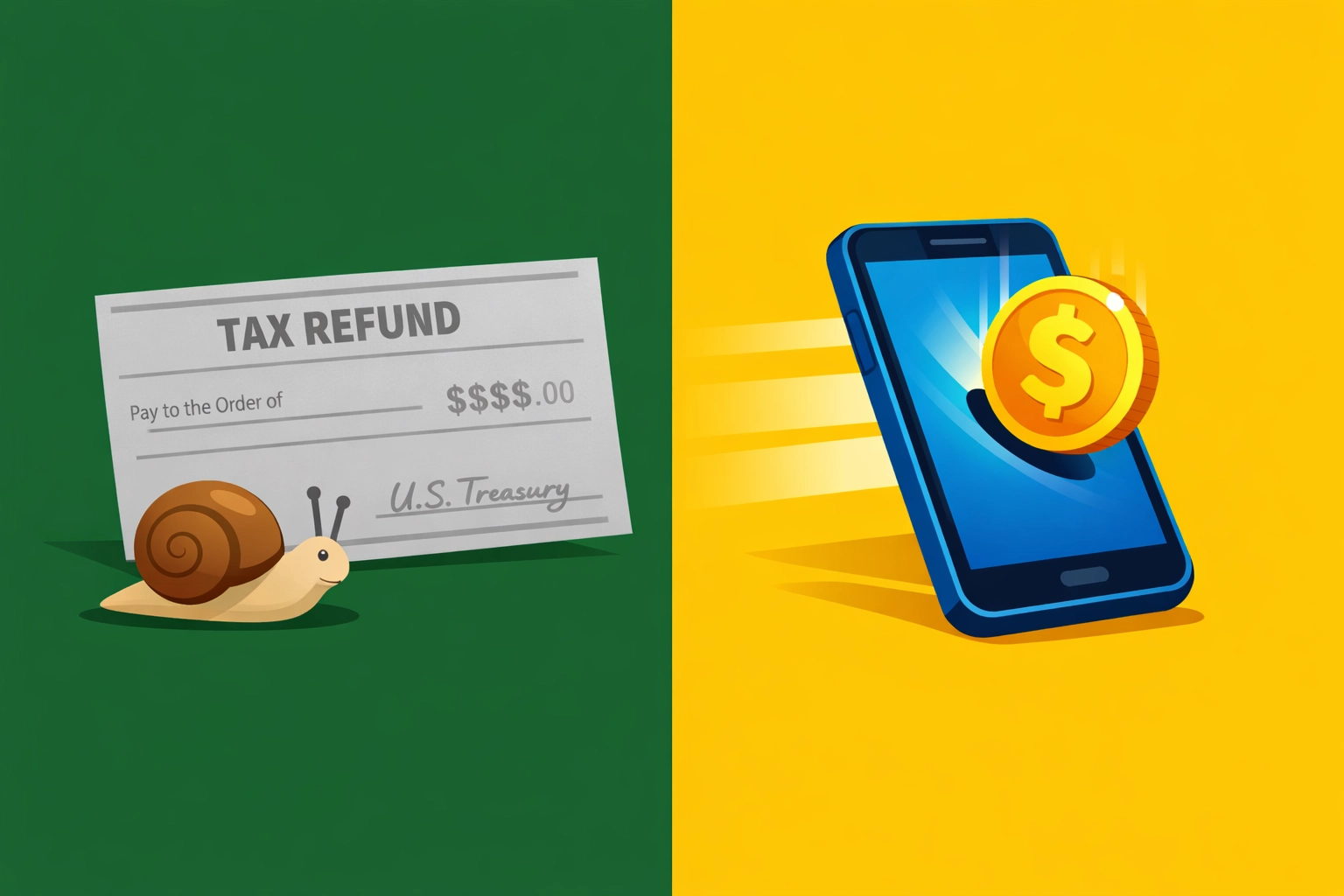 Speed comparison between fast digital direct deposit and slow paper tax refund checks.