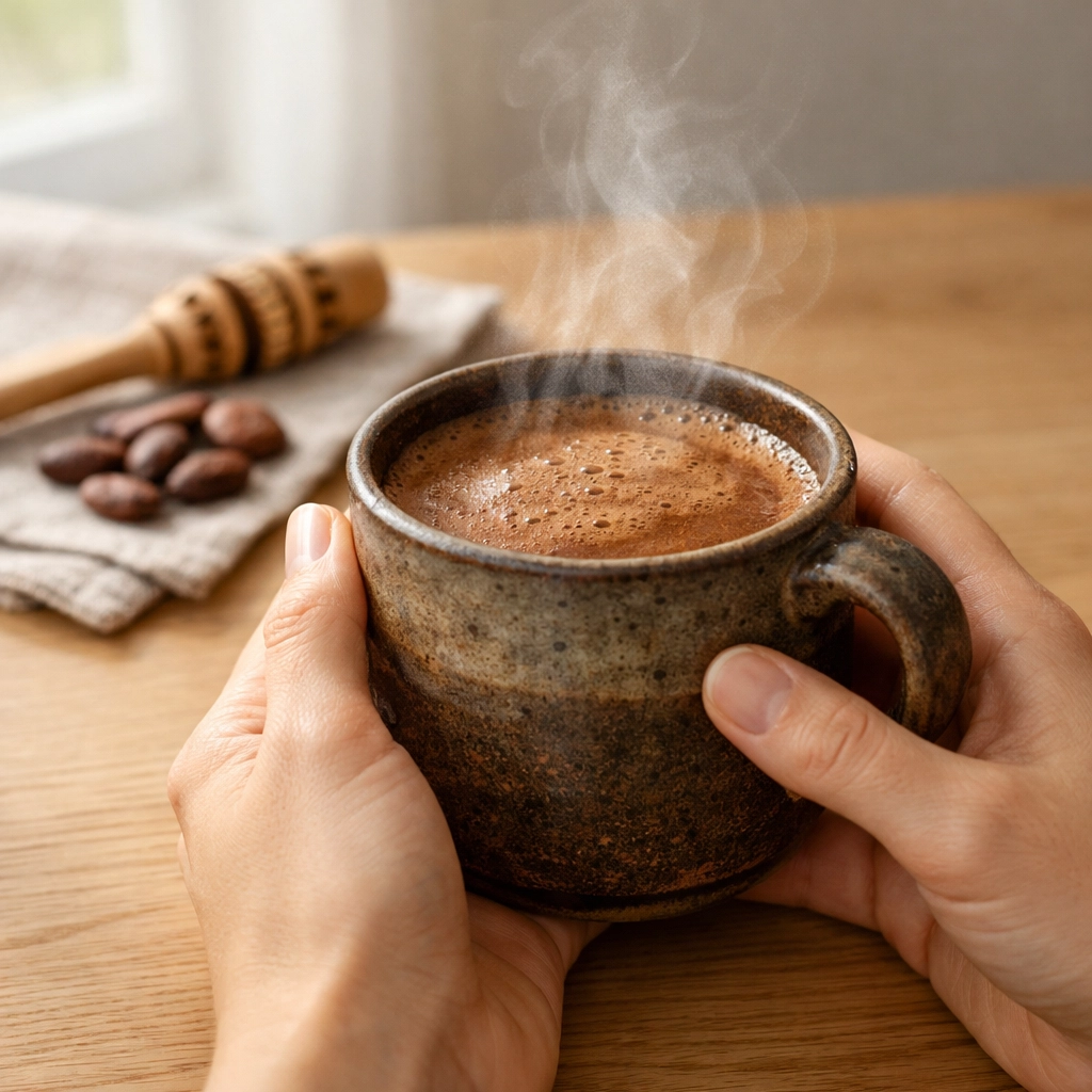 Hands holding a warm mug of ceremonial cacao during a morning ritual for heart-centred living.