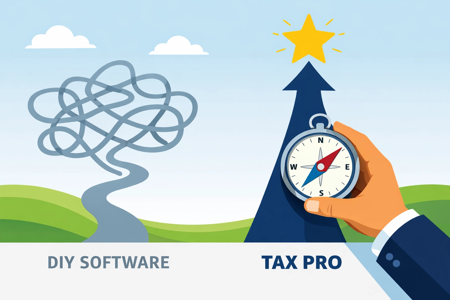 Illustration of a compass guiding taxpayers toward a concierge tax pro to maximize tax refunds.