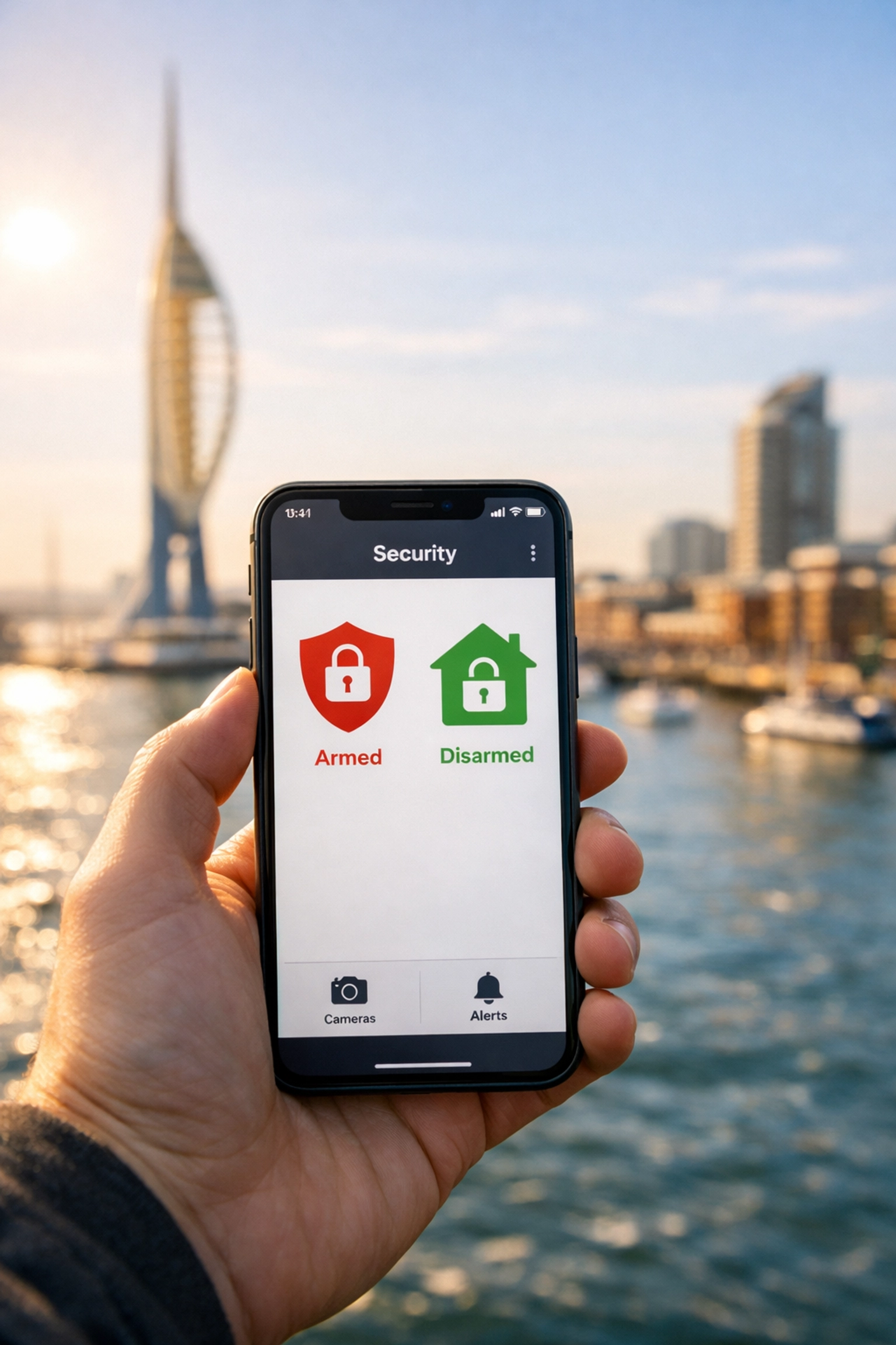 Mobile app for remote home security monitoring with Portsmouth skyline in the background.