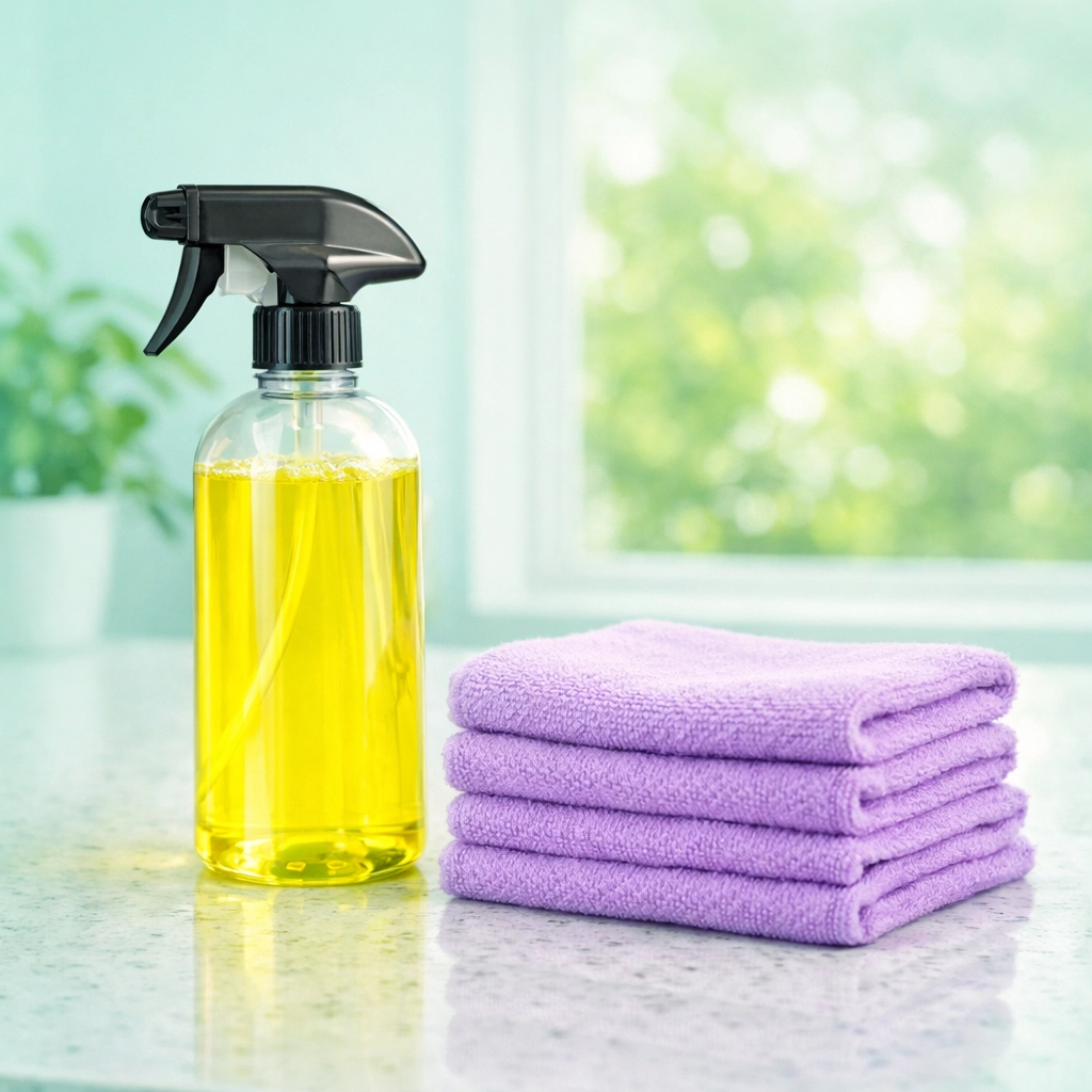 Professional cleaning service products on granite counters for safe house cleaning in Cedar Falls.