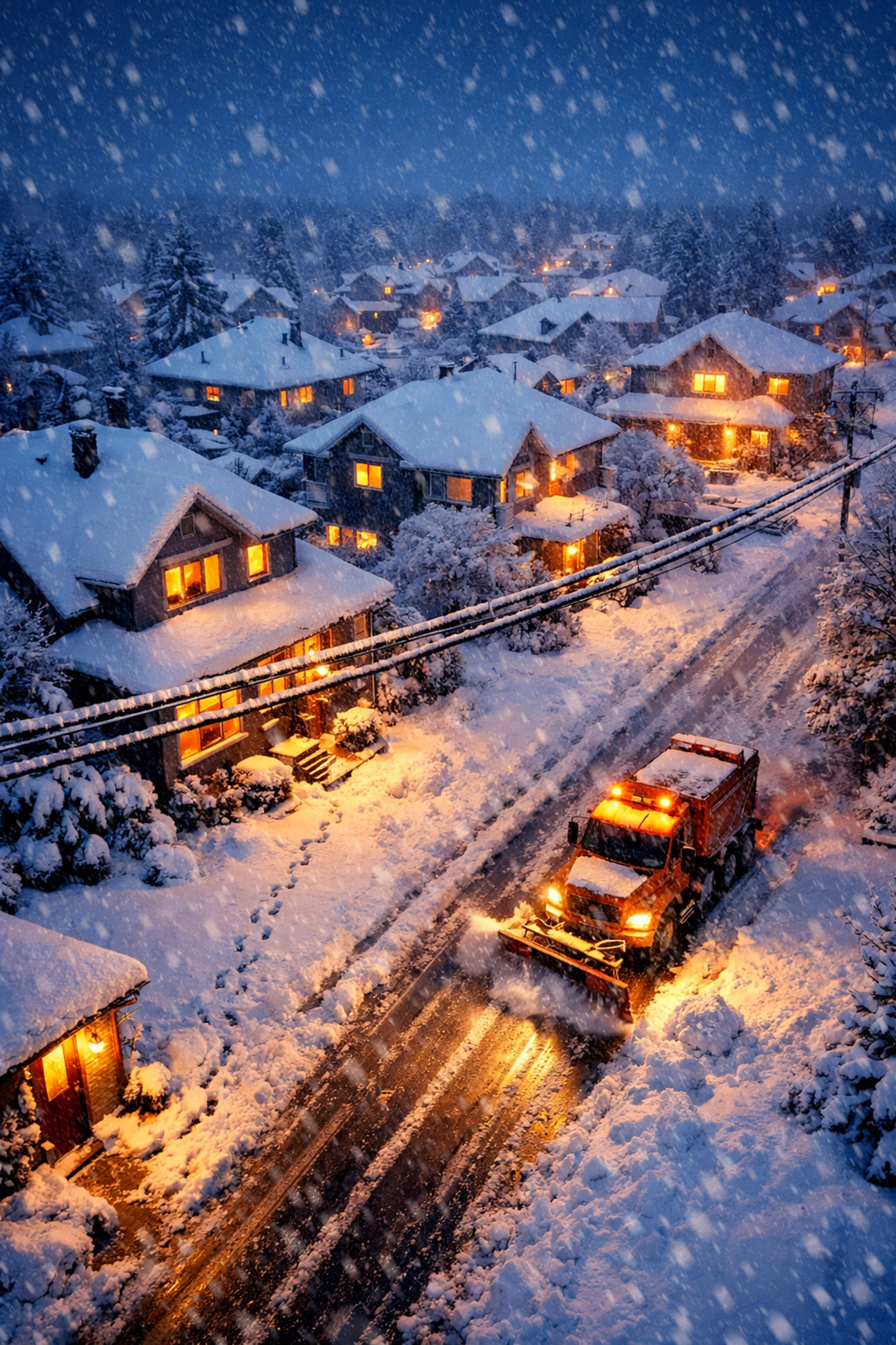 Snow-covered neighborhood during winter storm with warm house lights and community care