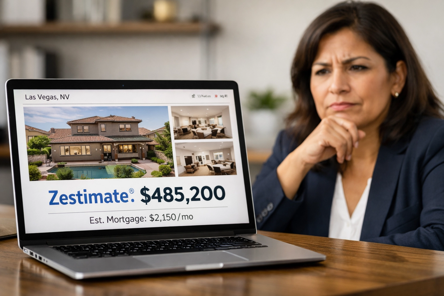 Las Vegas homeowner reviewing Zestimate accuracy on laptop during home valuation research