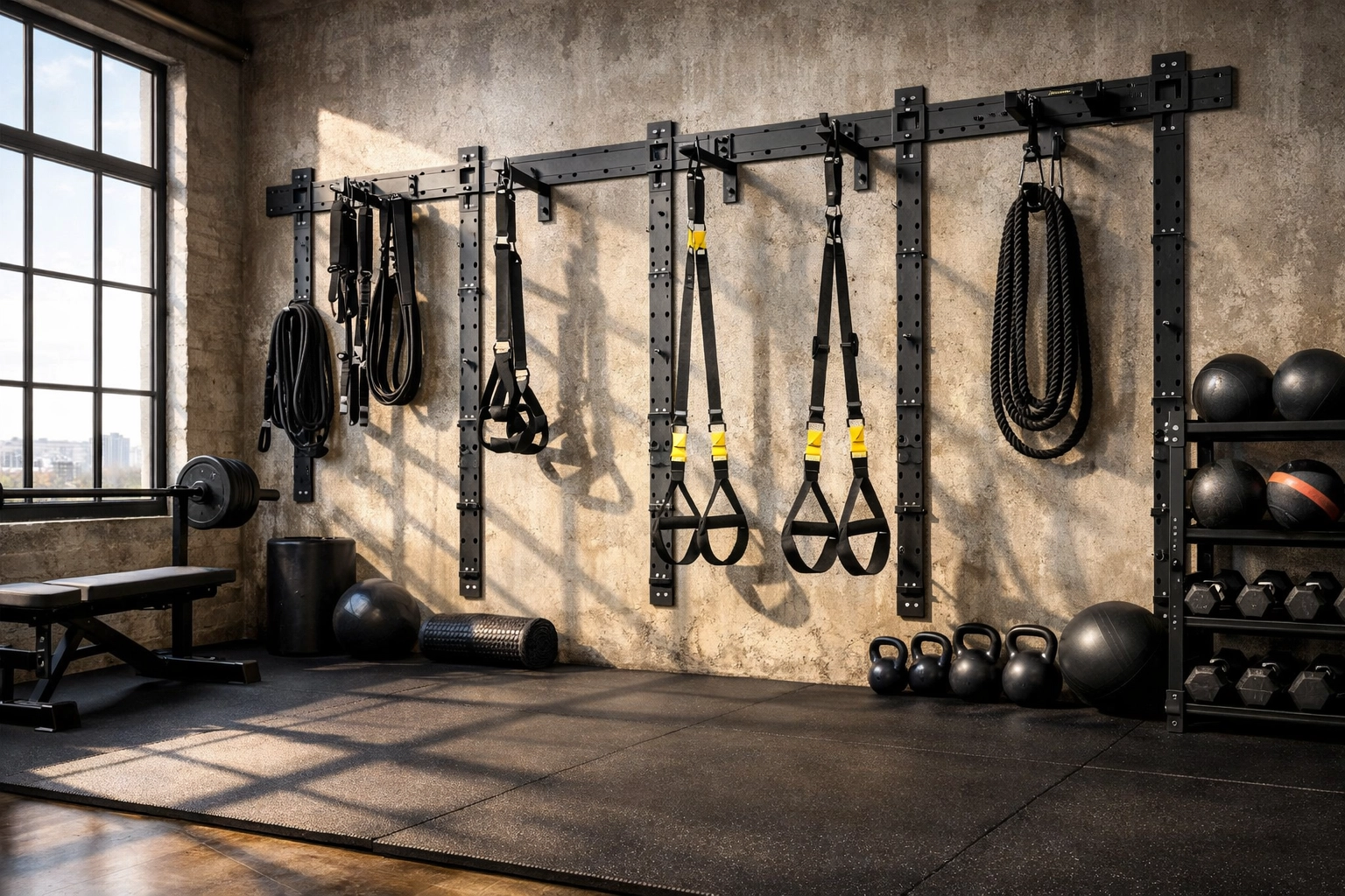Versatile home gym setup with resistance bands and suspension trainers in a modern industrial loft.