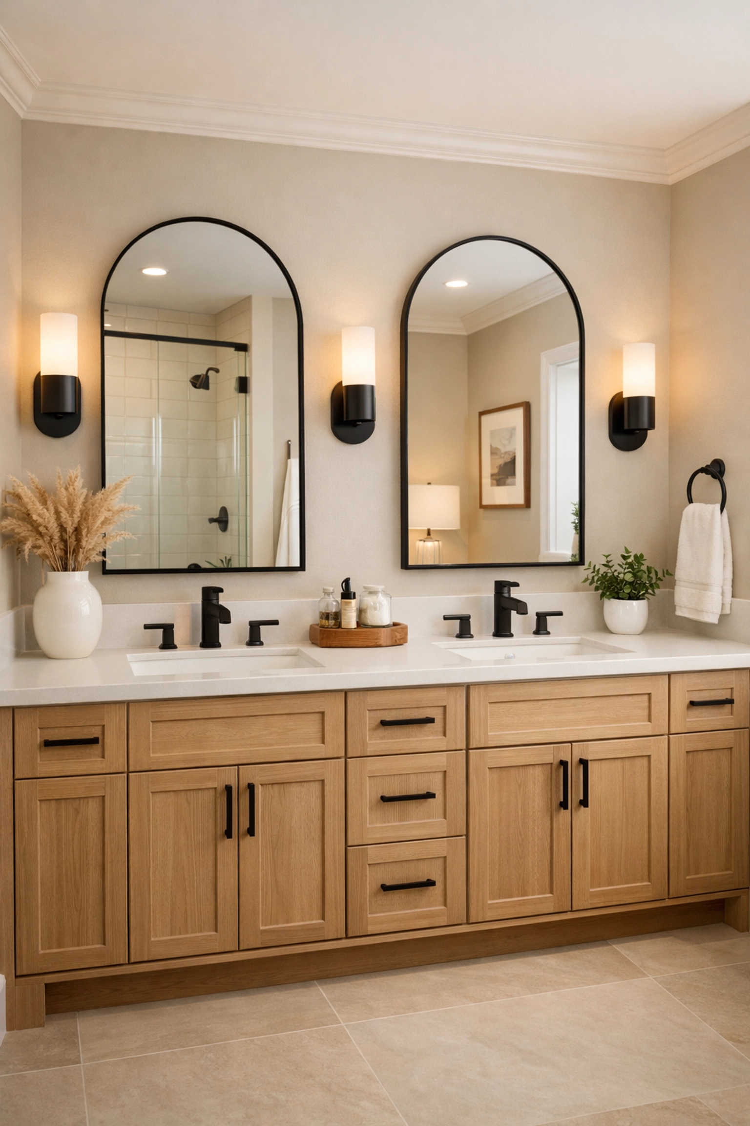 Transitional bathroom renovation Orlando featuring white oak vanity and timeless quartz countertops