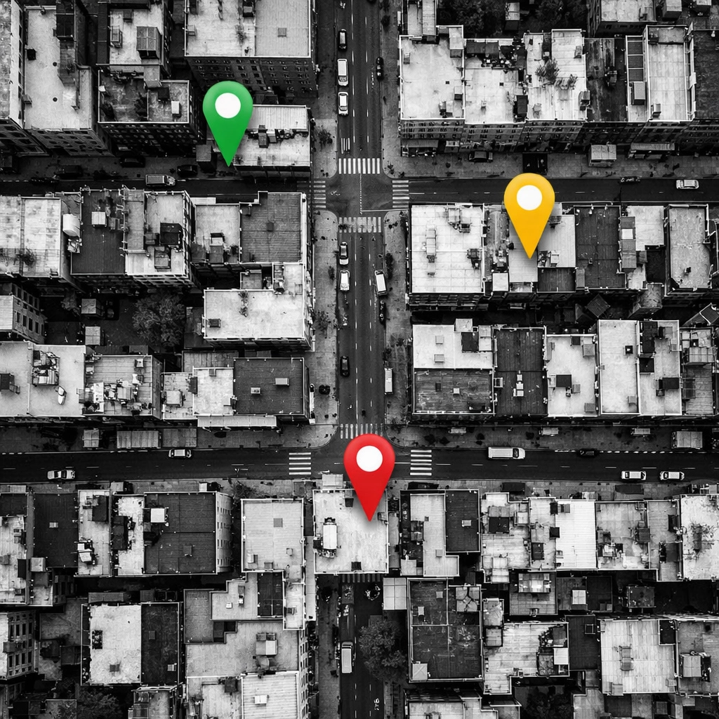 Aerial view of neighborhoods with ranking proximity pins showing local SEO visibility zones