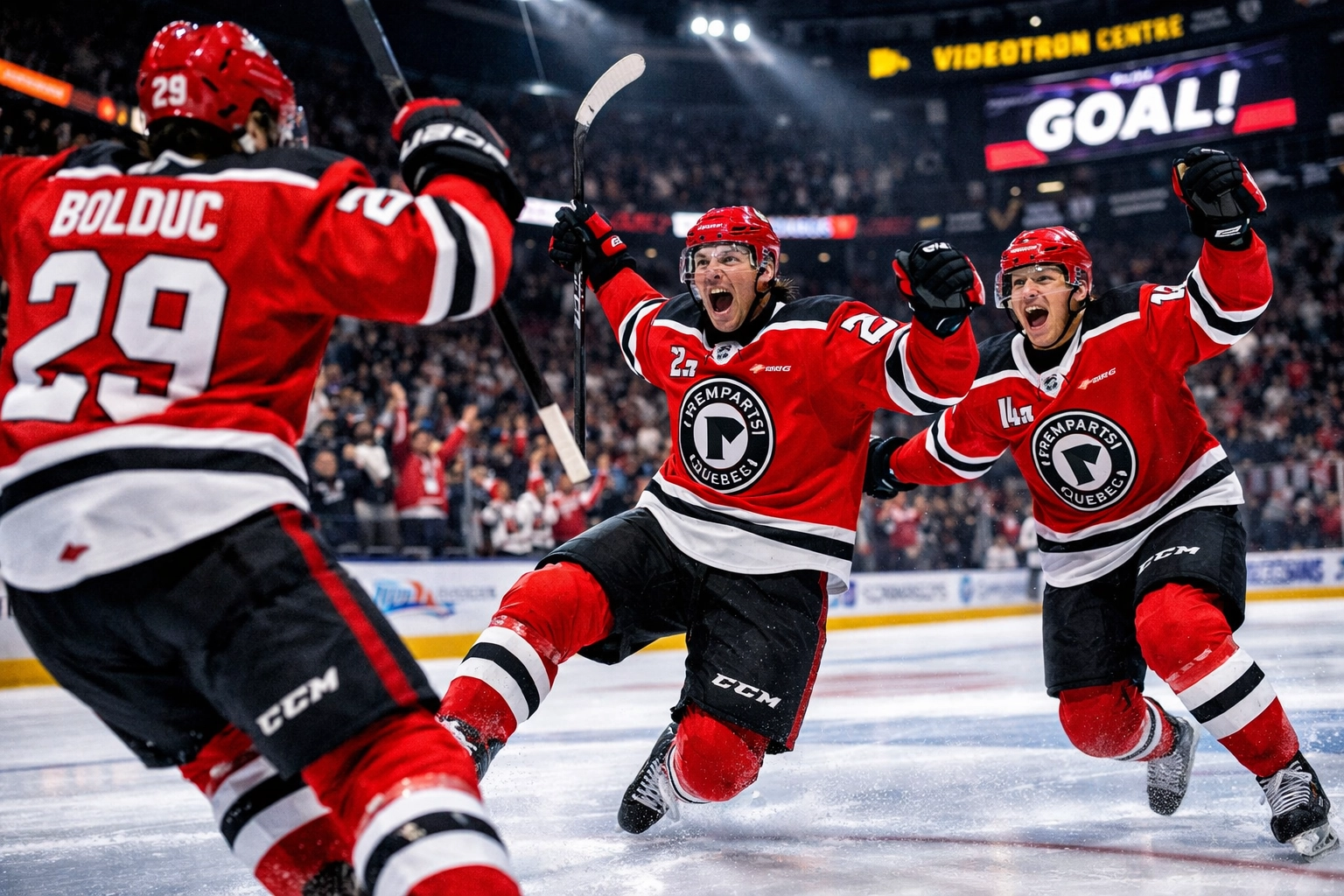 Quebec Remparts hockey players celebrating goal at Videotron Centre during QMJHL game