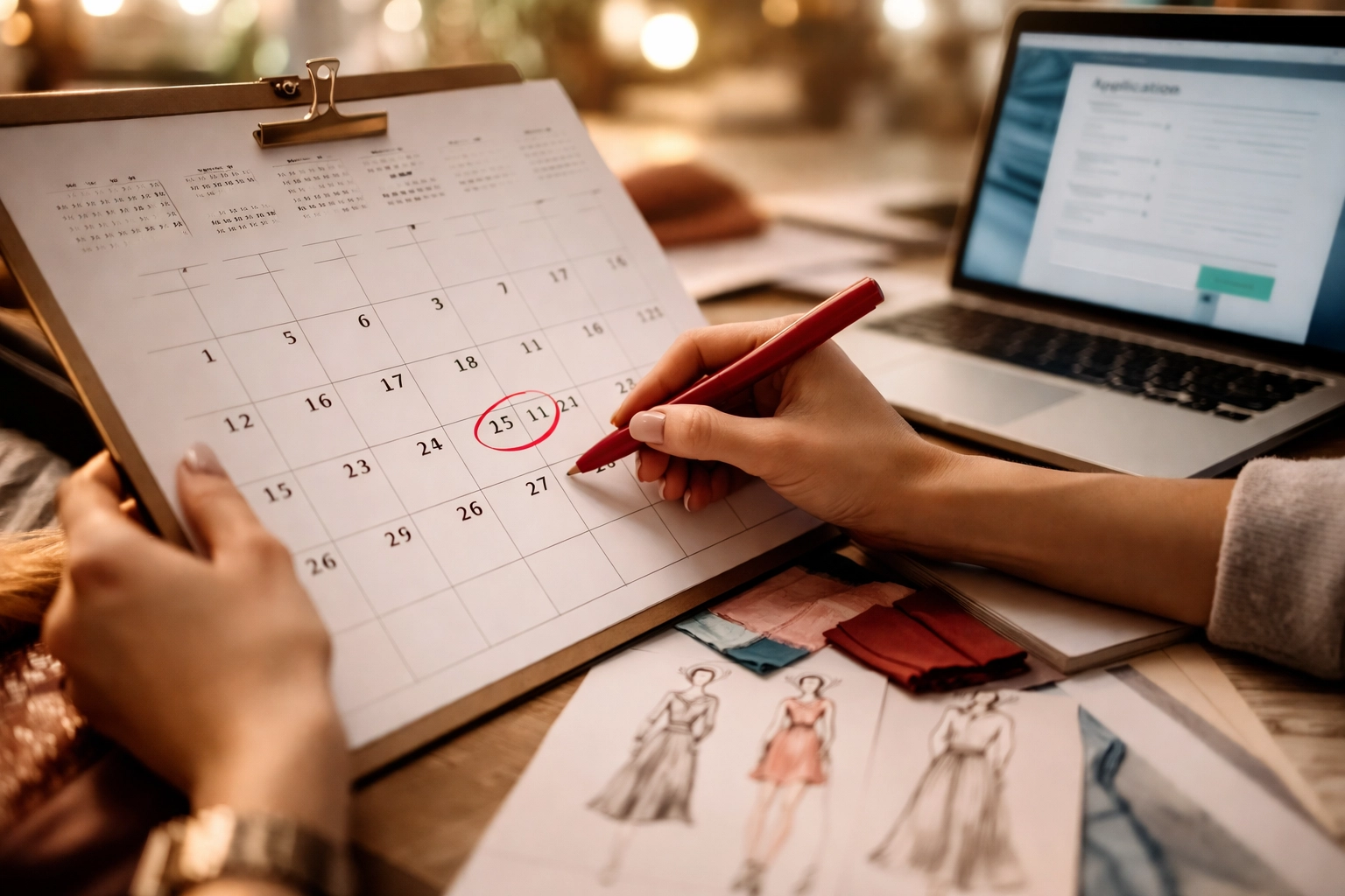 Designer marking application deadline on calendar surrounded by fashion sketches, stressing the importance of timely fashion week applications.