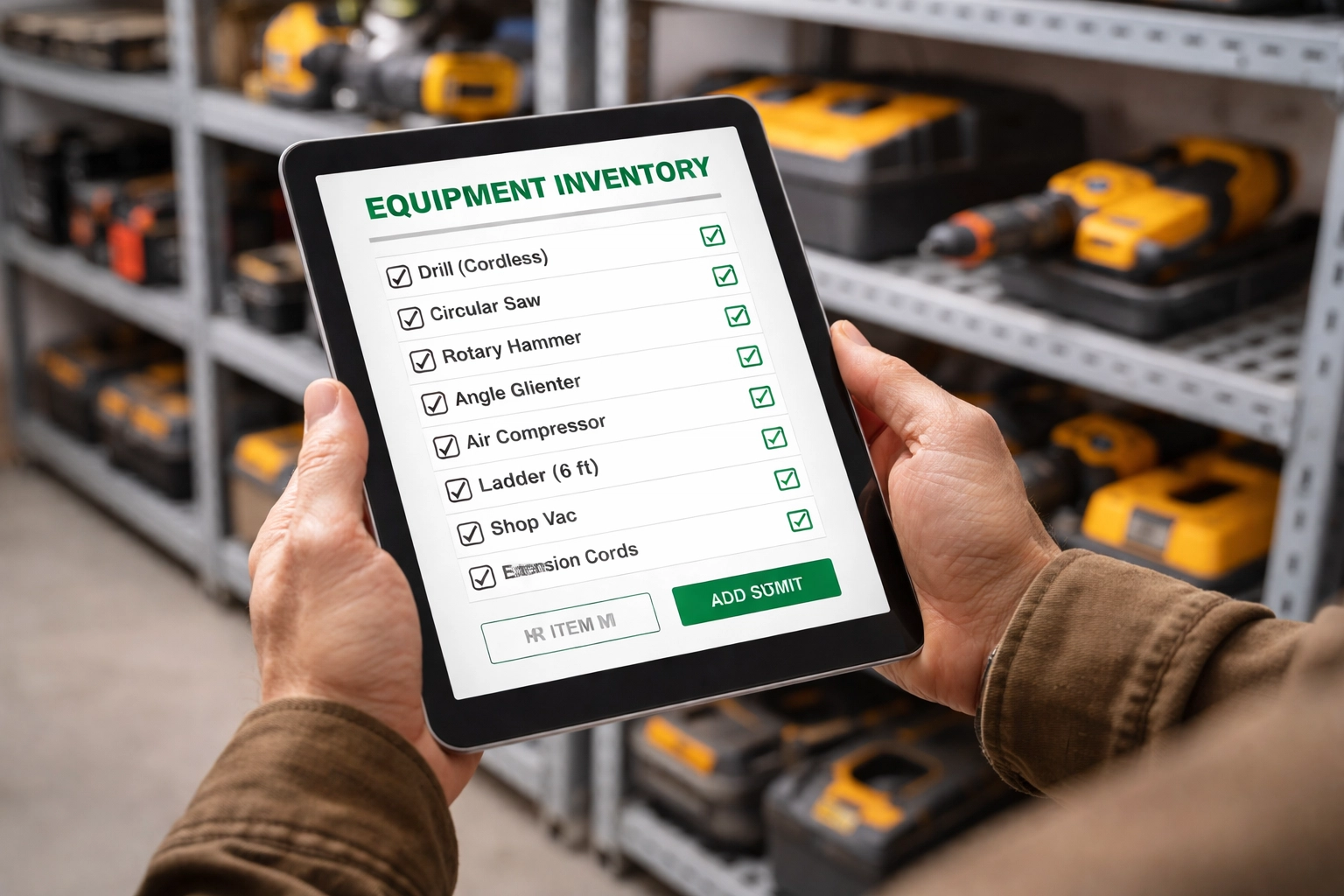 Contractor reviewing a digital equipment inventory checklist, demonstrating documentation for tools and equipment insurance.