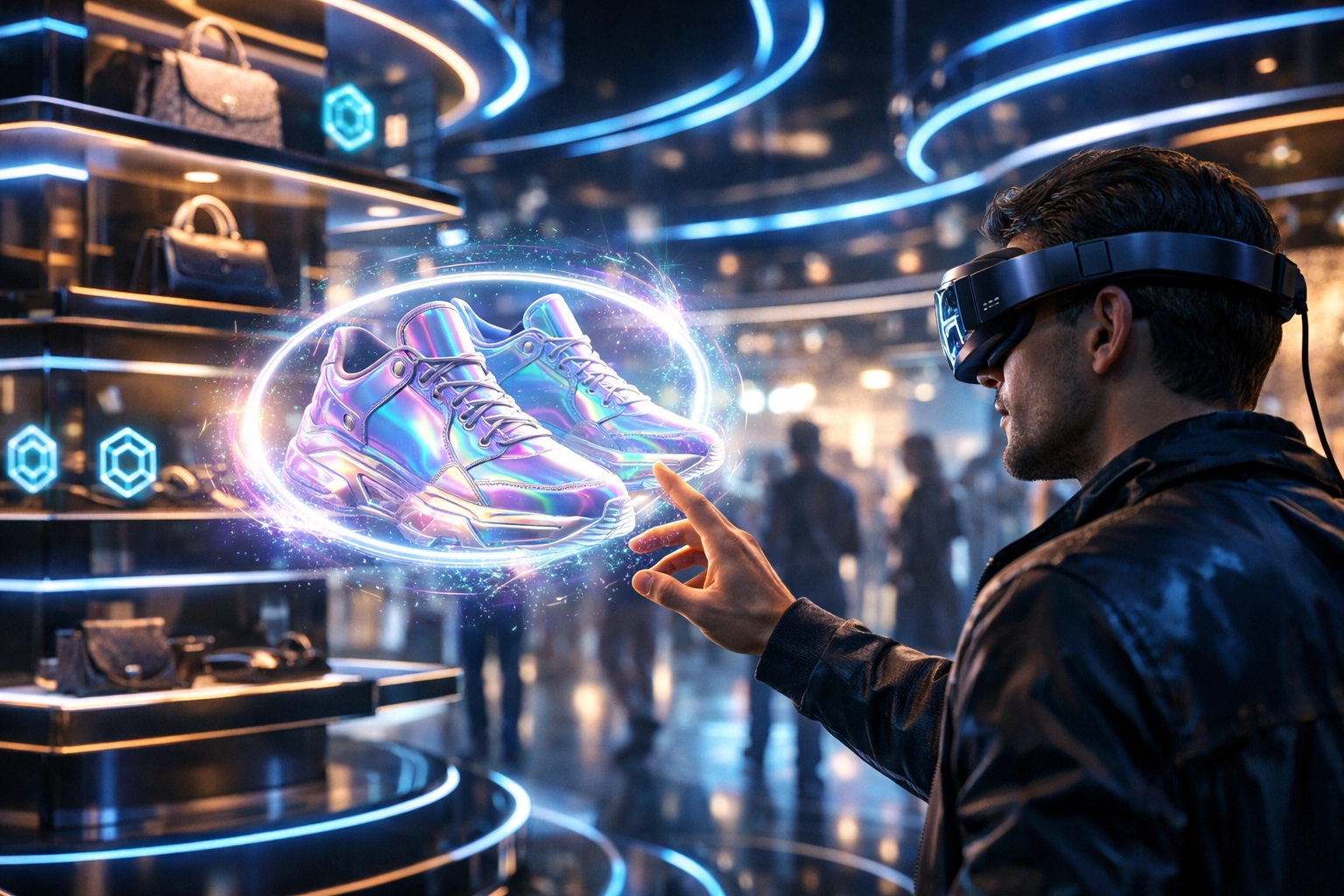 A shopper uses an AR headset to browse digital products in a futuristic Larecoin.ai metaverse storefront.