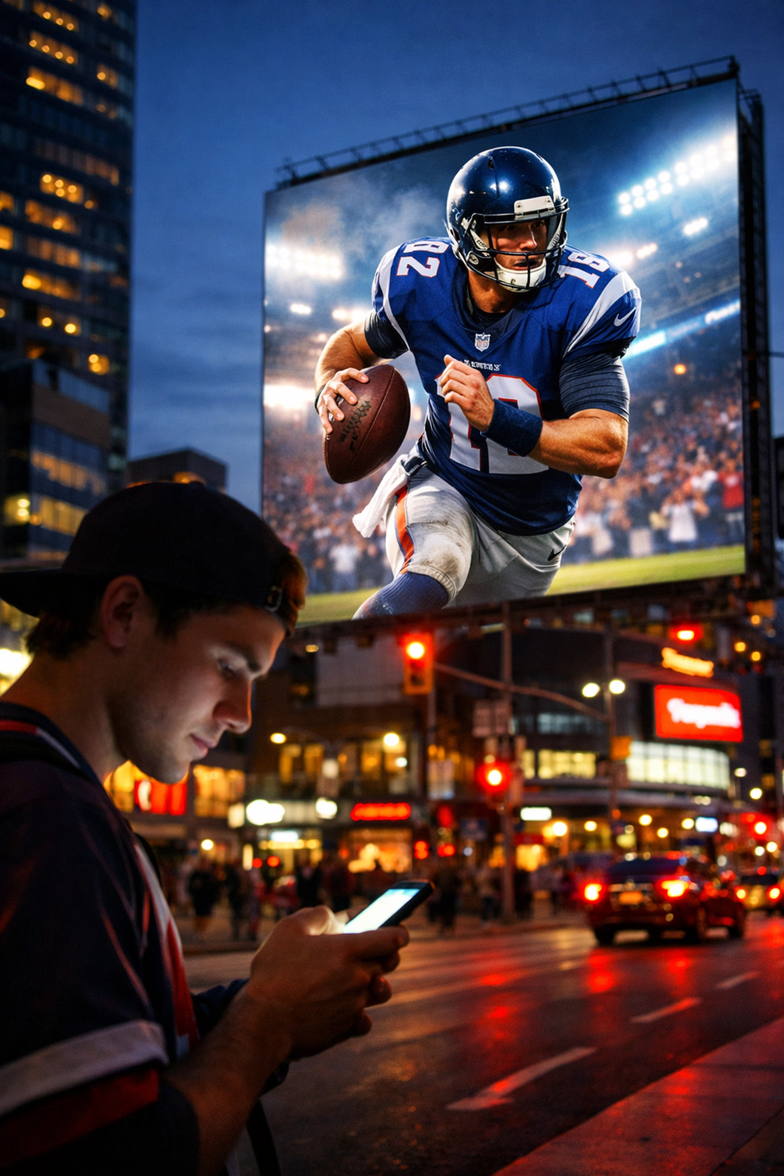 Young fan viewing NIL athlete content on smartphone near a large digital sports billboard at dusk.