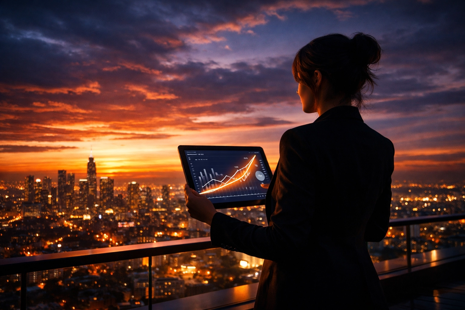Independent musician reviewing career growth data and analytics on a tablet overlooking a city skyline at sunset.