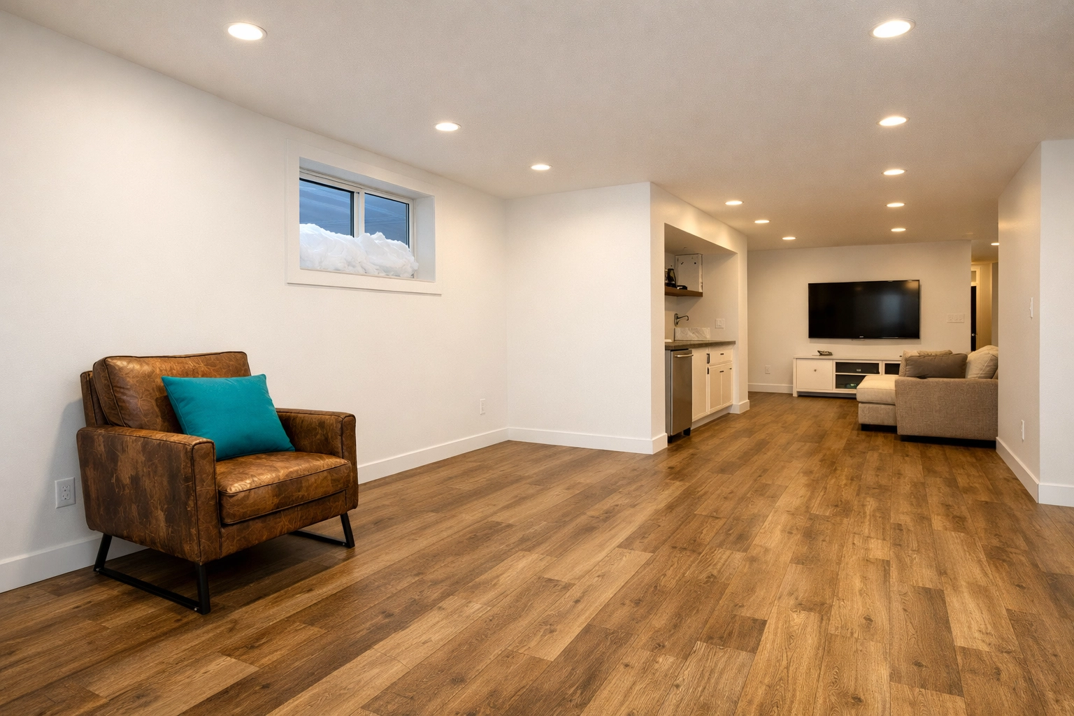 Energy-efficient finished basement in Saskatoon featuring moisture-resistant insulation and warm interior design.