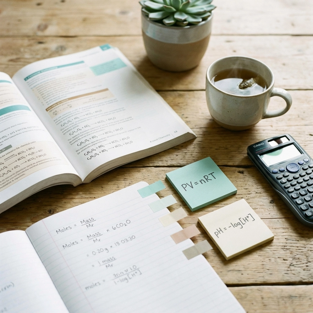 A Level Chemistry revision desk with textbooks, handwritten mole calculations, and study materials for effective exam preparation
