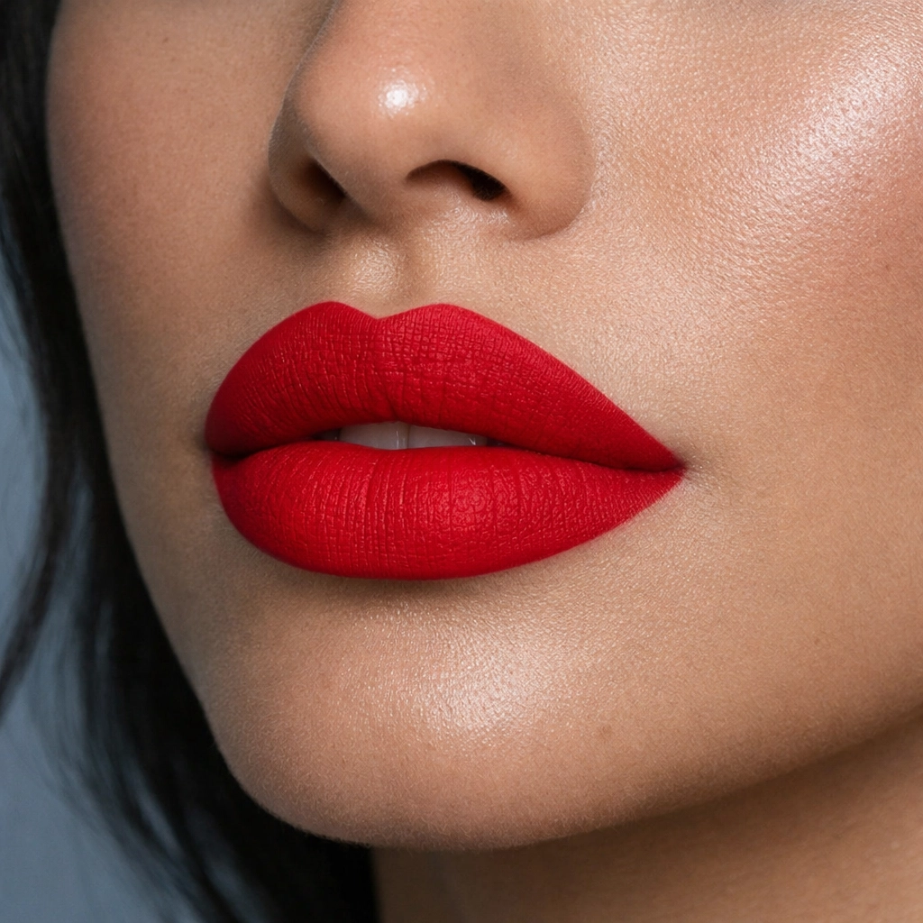 V Kosmetik red liquid velvet lipstick applied flawlessly on model's lips for a bold matte finish.