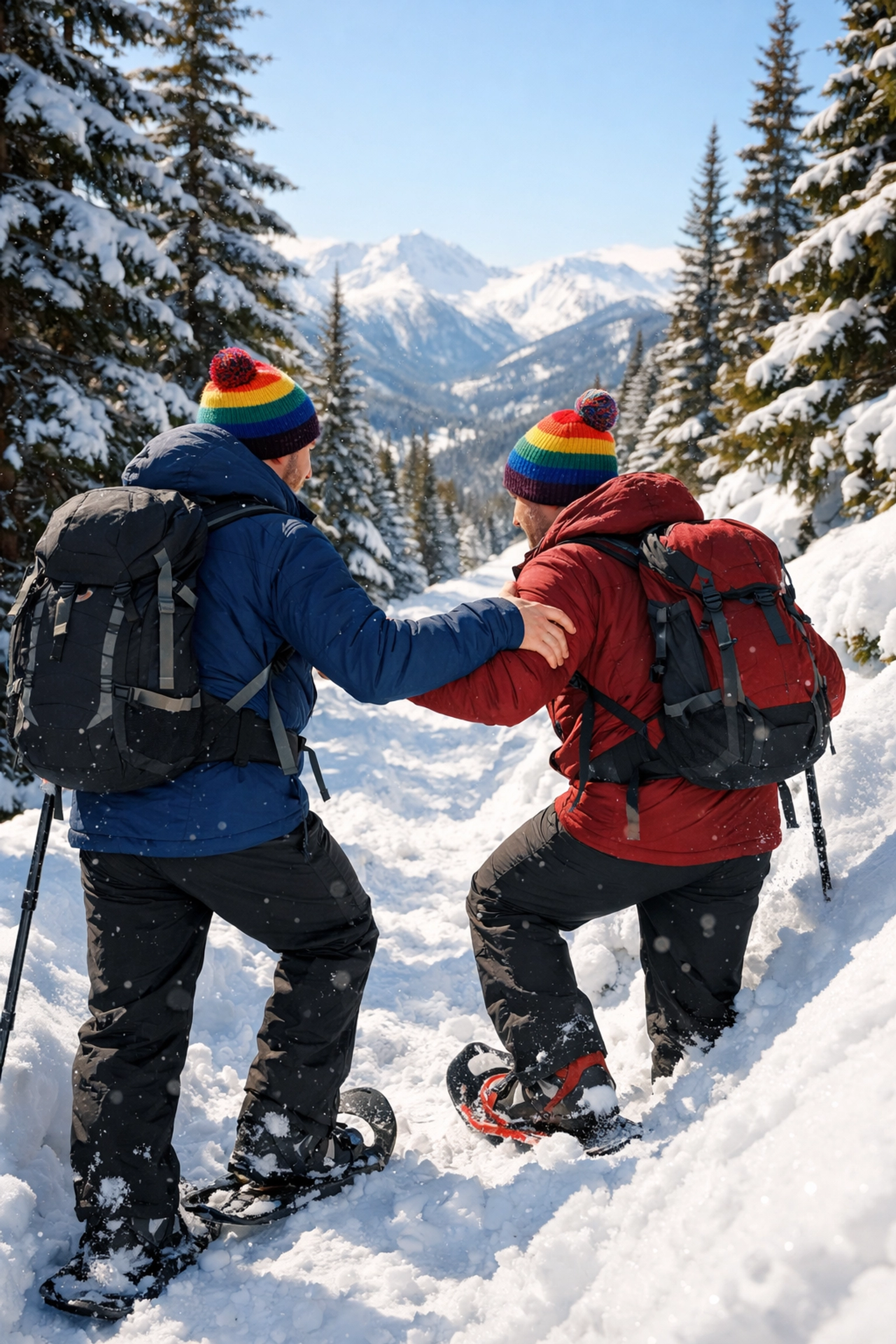 Gay couple snowshoeing together on mountain trail in winter