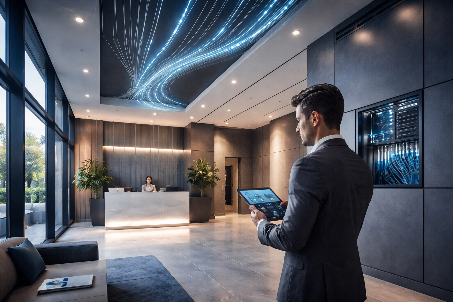 Modern apartment building lobby with integrated digital infrastructure for managed Wi-Fi and smart technology