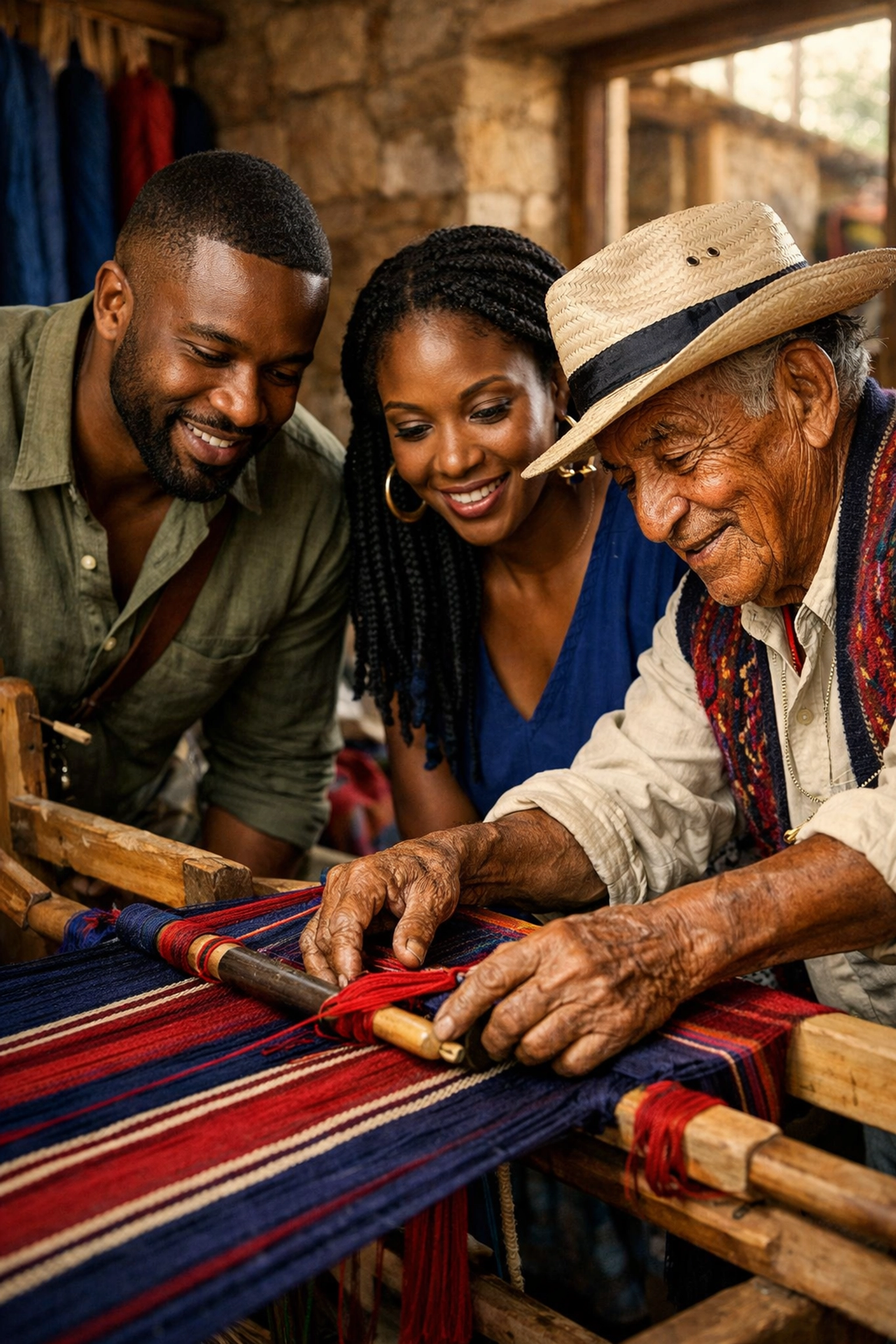 Travelers experiencing cultural immersion in an artisan textile workshop during a bespoke luxury trip.