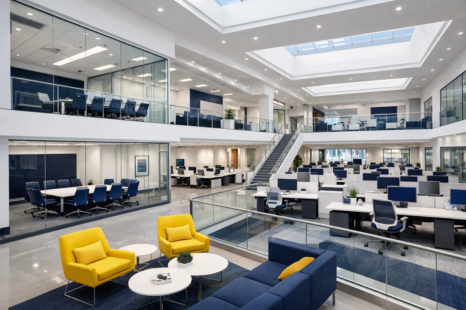 A bright and organized large-scale corporate office in Bedford showcasing professional commercial cleaning results.