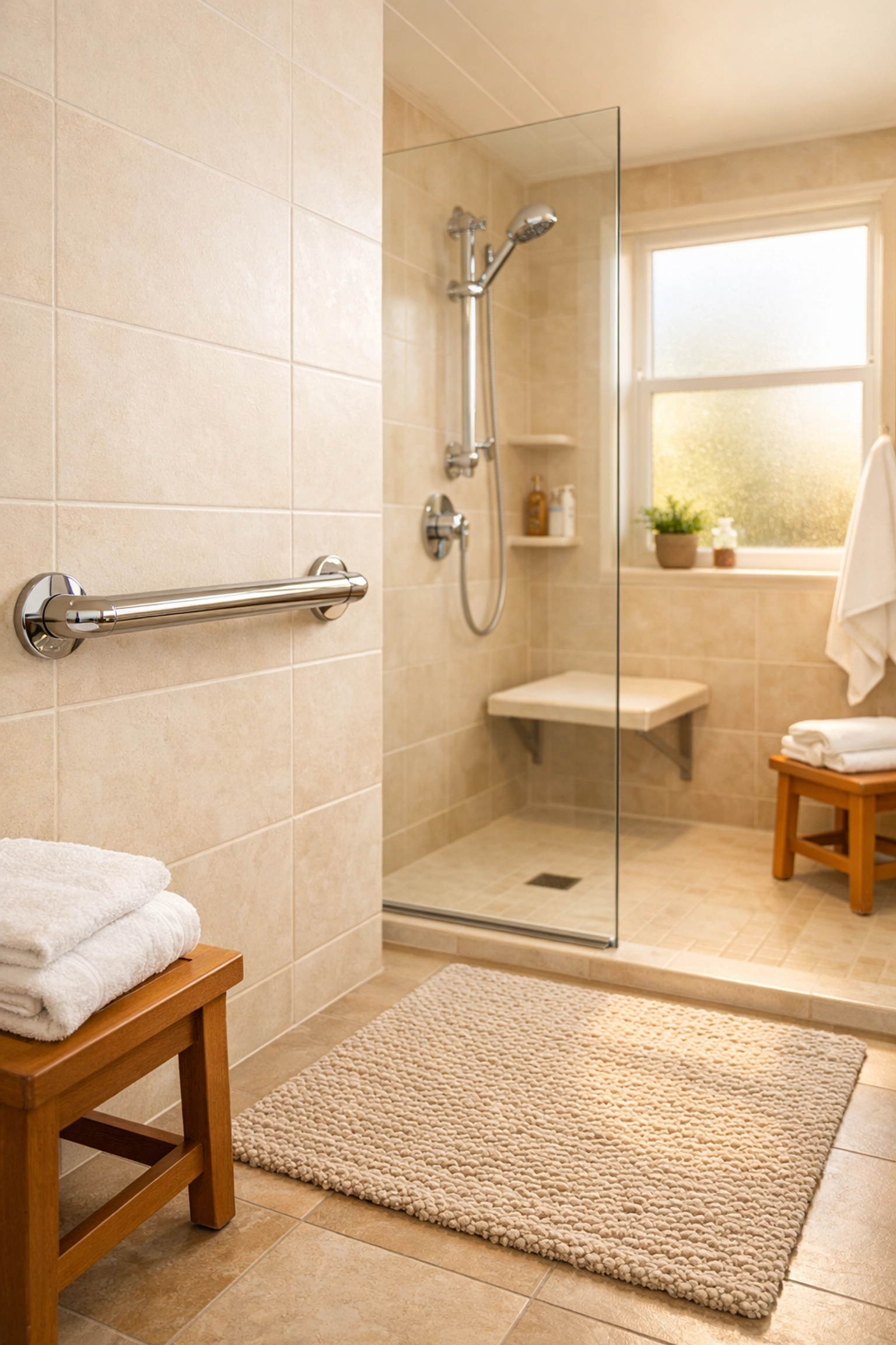 Modern bathroom featuring a secure chrome grab bar and non-slip mat to enhance home safety and stability.